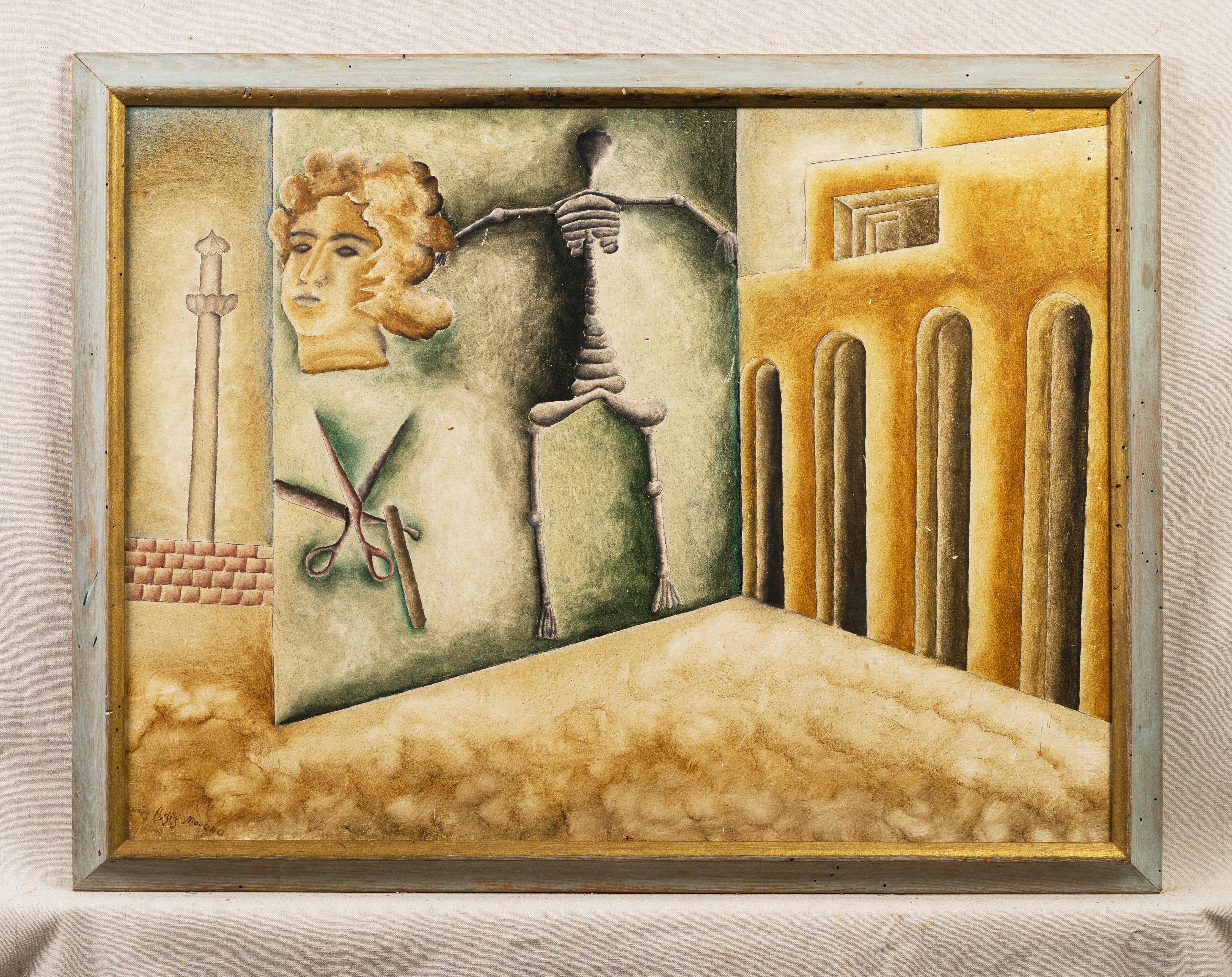 Peinture à l'huile de paysage moderniste représentant une scène de rue surréaliste, signée - Surréalisme Painting par Unknown