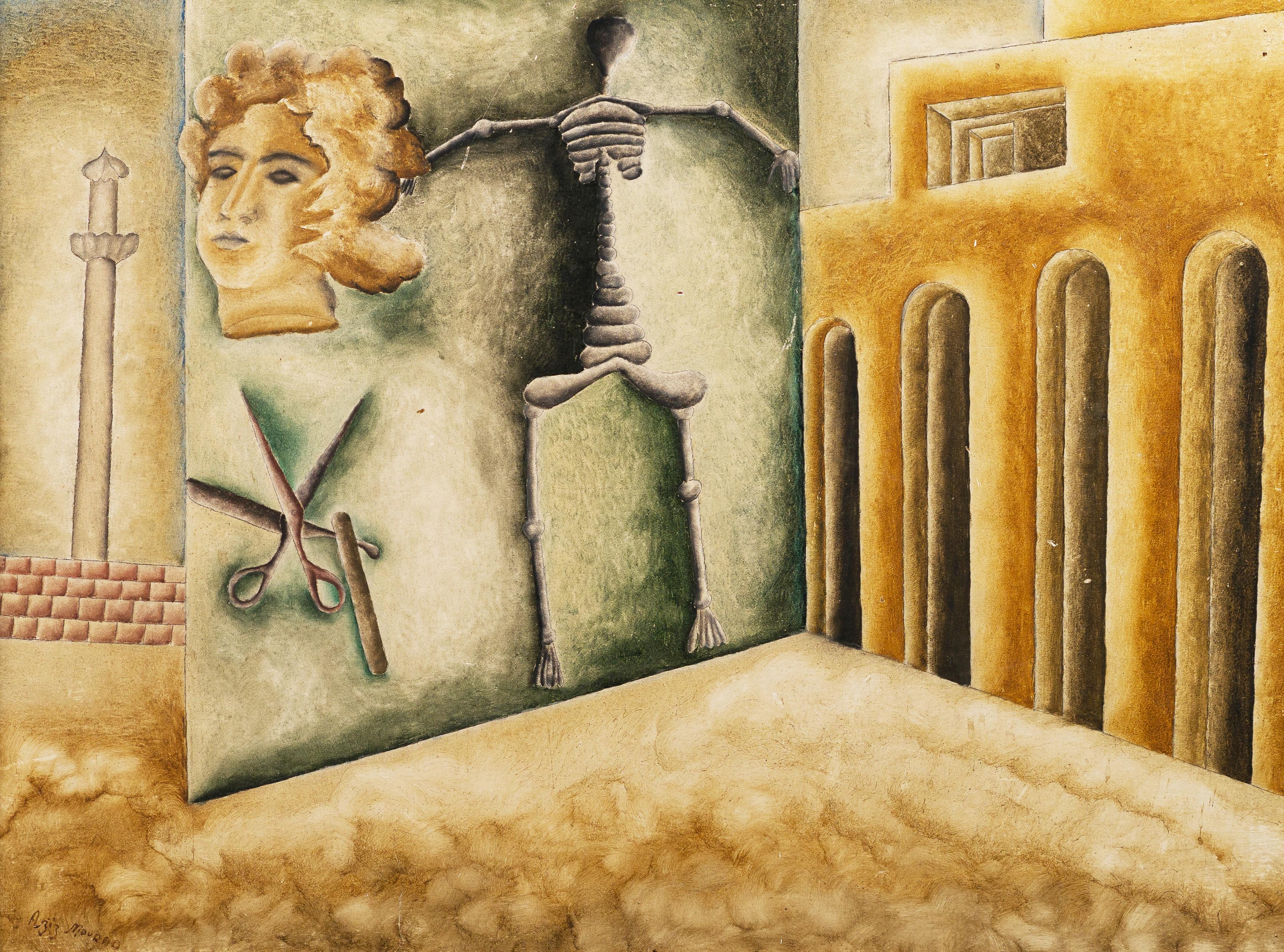 Peinture à l'huile de paysage moderniste représentant une scène de rue surréaliste, signée - Marron Abstract Painting par Unknown