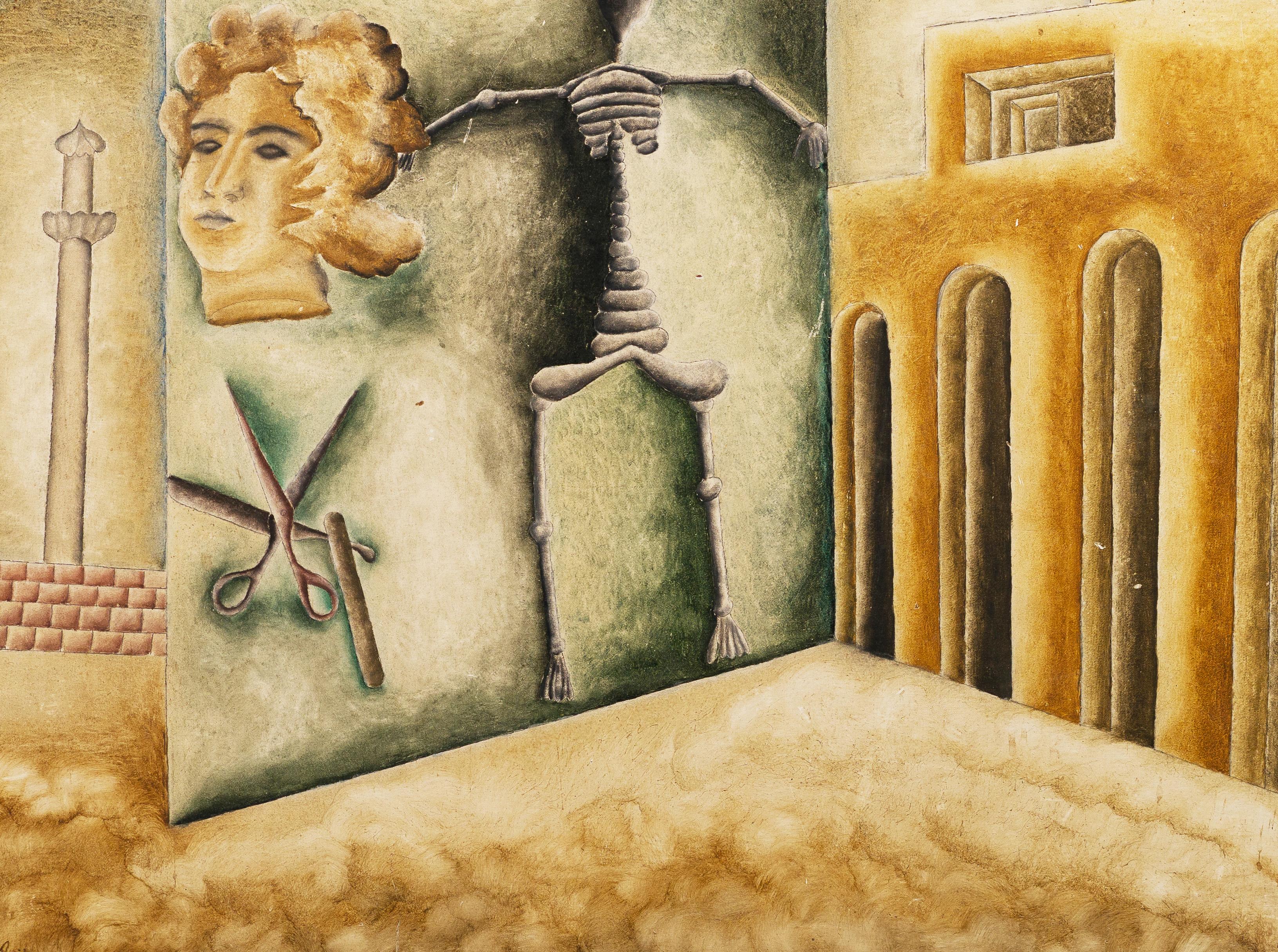 Vintage By Signed Surreal Street Scene Skeleton Modernist Landscape Oil Painting in vendita 2