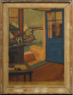 Vintage Signed Trompe L'Oeil Dock Scene Framed Interior Seascape Oil Painting