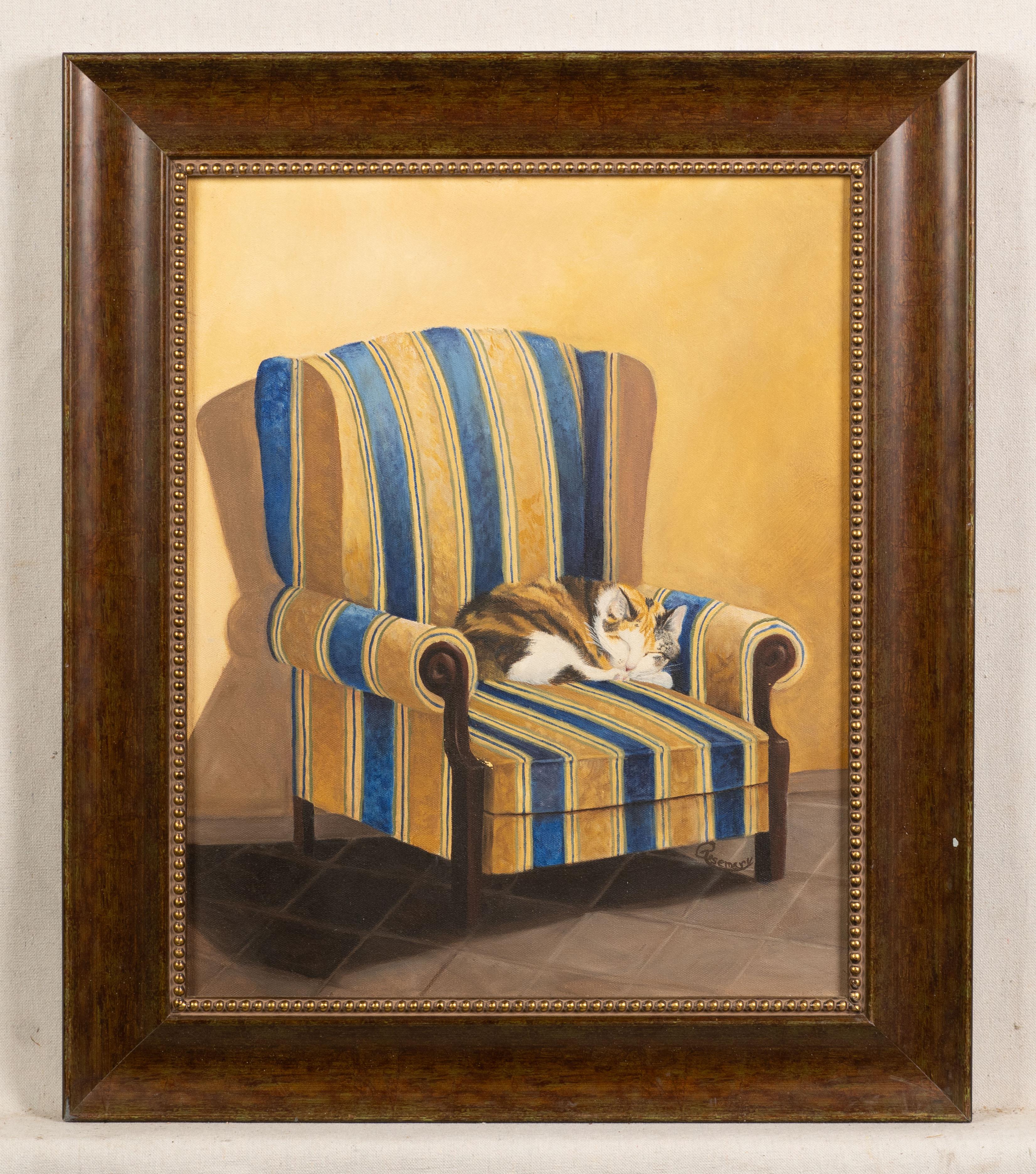 Antique American modernist interior scene cozy chair oil painting.  Oil on canvas.  Framed.    Image size, 22H x 18L.