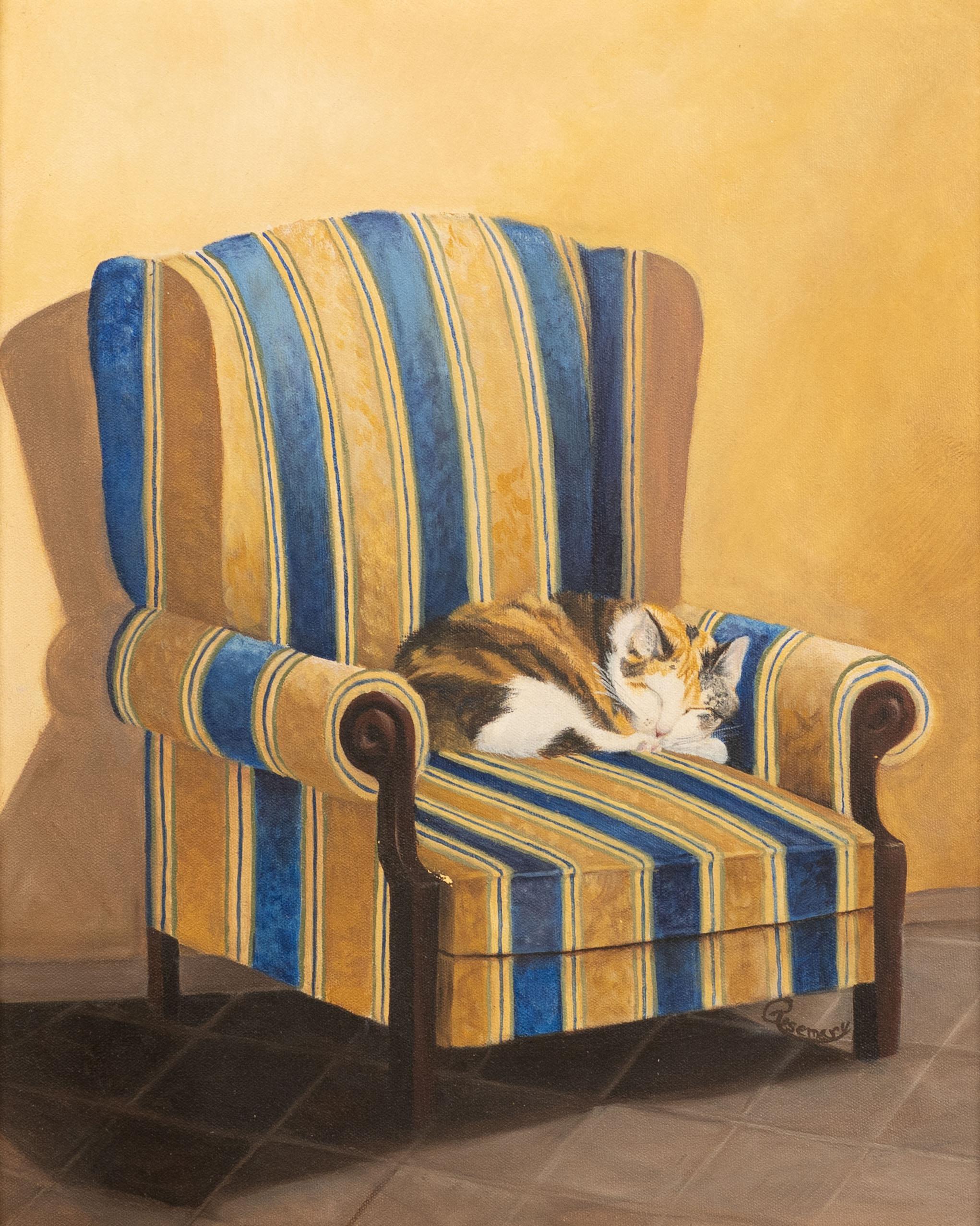Vintage Sleeping Cat in Chair Modernist Interior Scene Framed Oil Painting 1