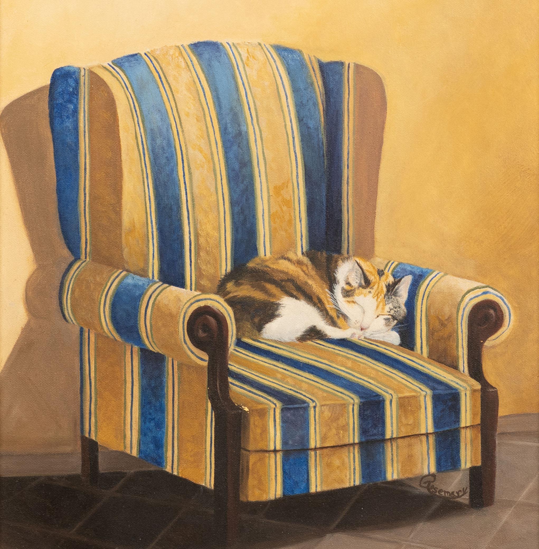 Vintage Sleeping Cat in Chair Modernist Interior Scene Framed Oil Painting 2