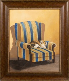 Vintage Sleeping Cat in Chair Modernist Interior Scene Framed Oil Painting
