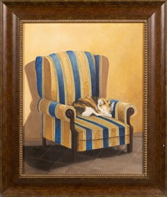 Vintage Schlafende Katze im Stuhl Modernist Innenraum Szene gerahmt Ölgemälde
