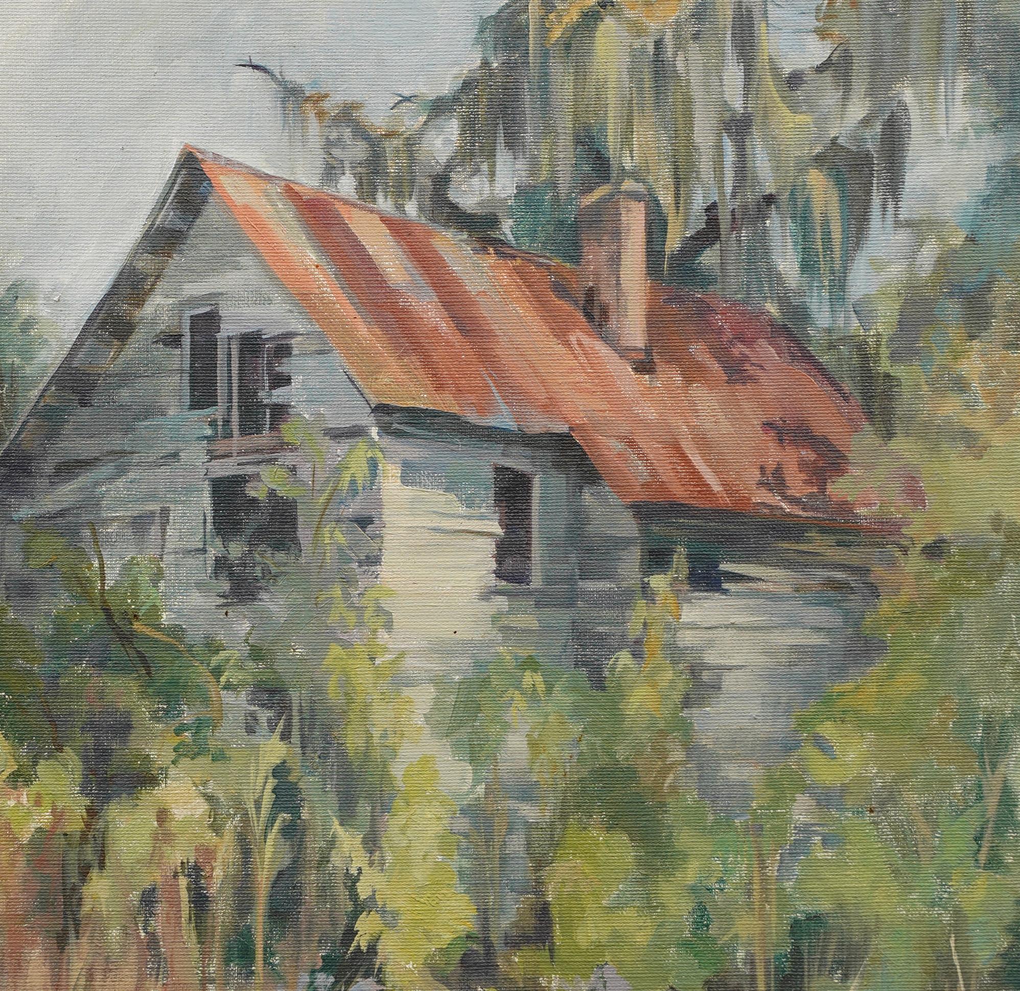 Ancienne peinture à l'huile impressionniste américaine d'un paysage du sud.  Huile sur toile.  Encadré.  Signé.