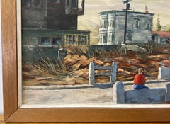 Vintage Stark Cityscape W/ Lone Figure Oil Painting by R. Roberts C.1960