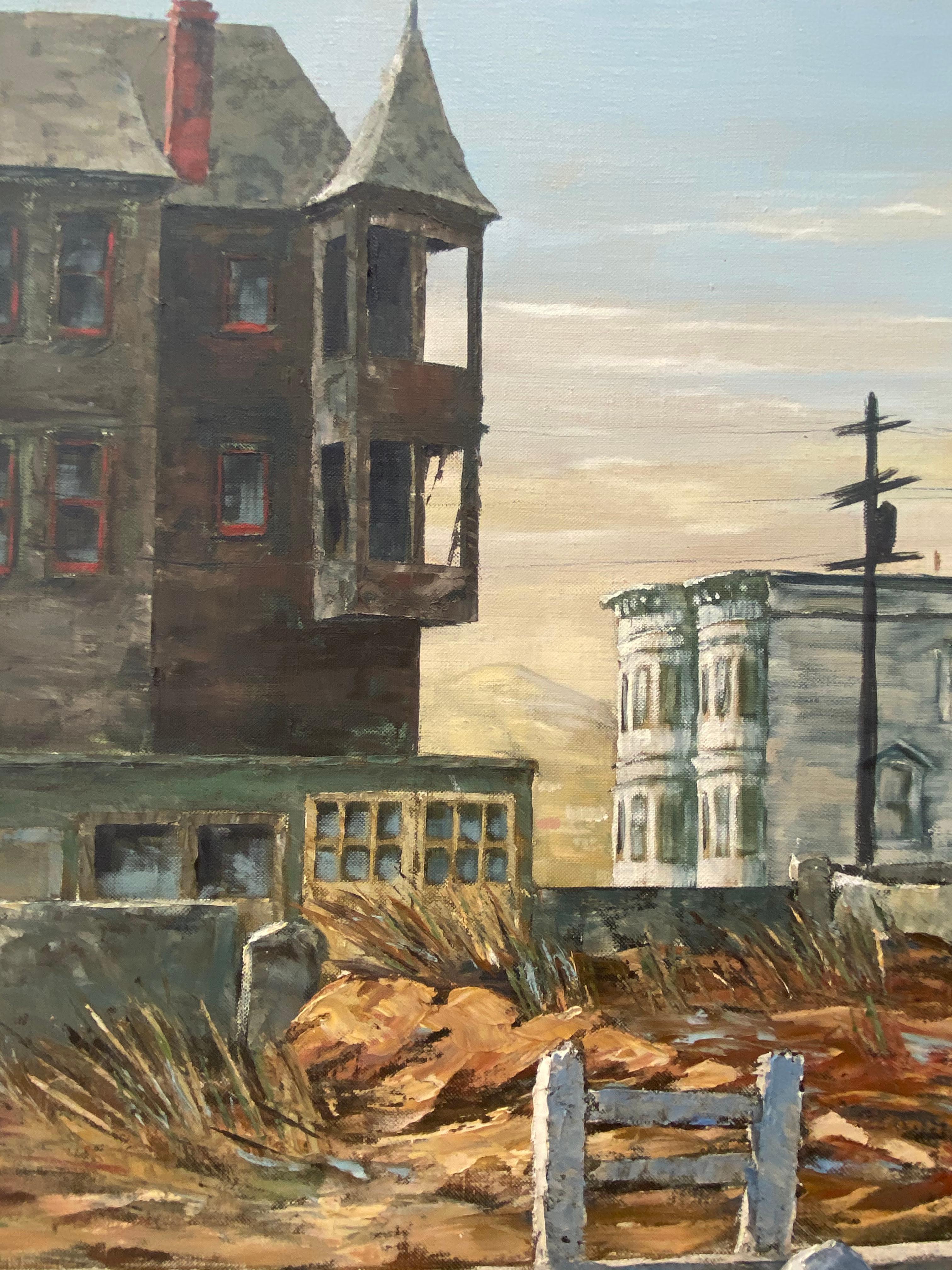 Vintage Robert Stark Cityscape W/ Lone Figure Oil Painting by C. R. 1960 in vendita 8