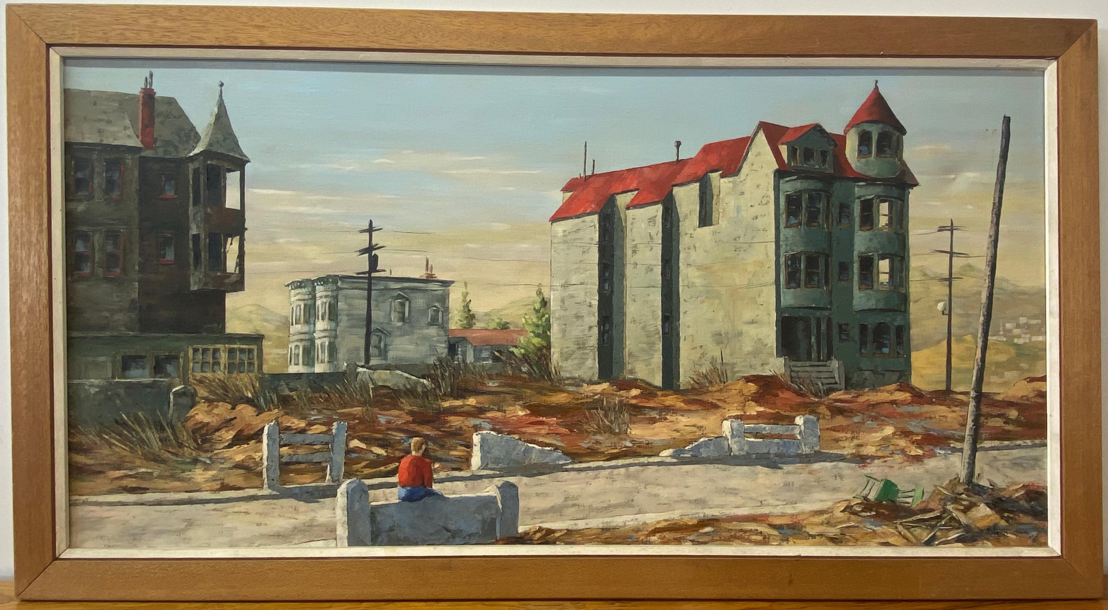 Vintage Stark Cityscape W/ Lone Figure Oil Painting by R. Roberts C.1960