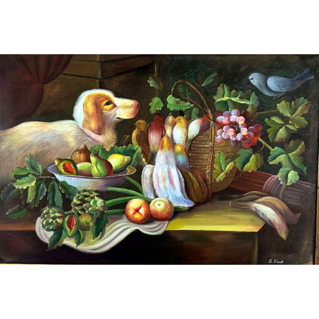 Behold this enchanting vintage still life oil painting on wood, a composition that harmoniously blends elements of nature and artistry. The canvas comes alive with the timeless charm of a dog, birds, and an assortment of vibrant fruits.

Measuring