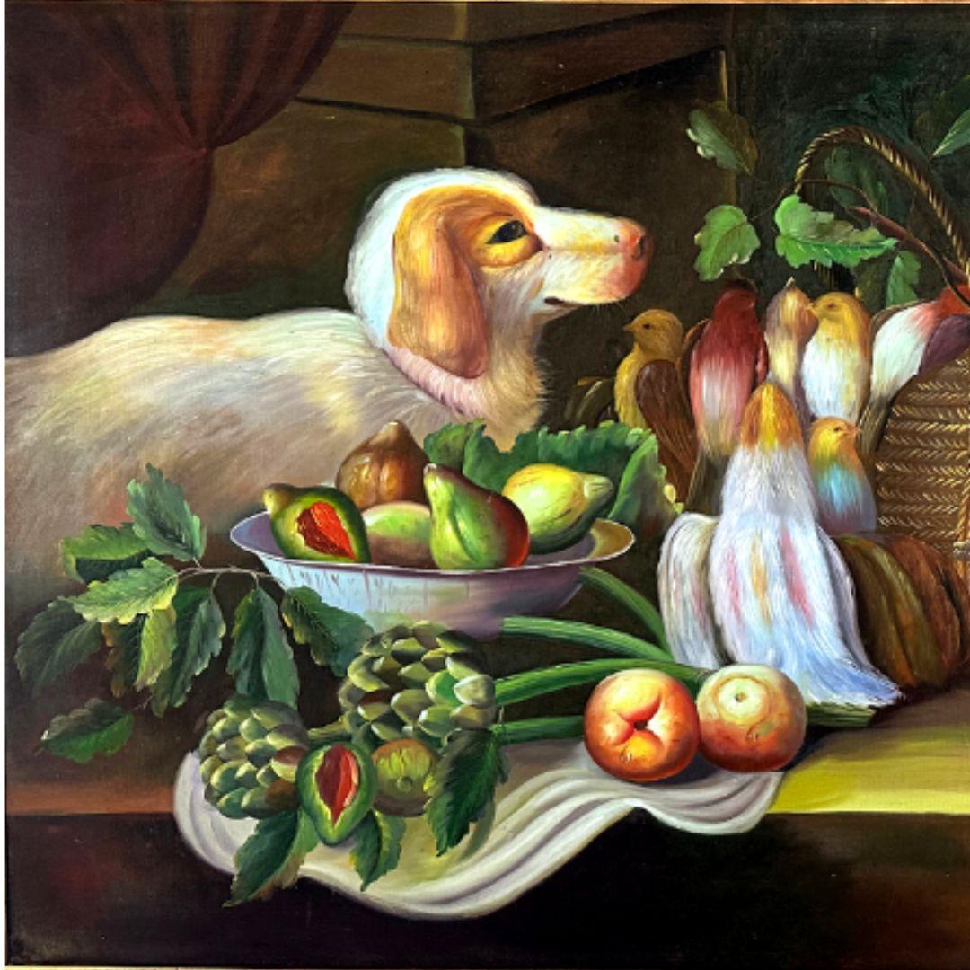 Vintage  Still Life Dog Birds & Fruit Oil Painting On Wood For Sale 1