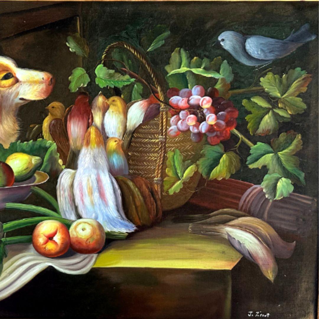 Vintage  Nature morte oiseaux et fruits peinture à l'huile sur Wood - Marron Still-Life Painting par Unknown