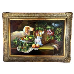 Vintage  Still Life Dog Birds & Fruit Oil Painting On Wood