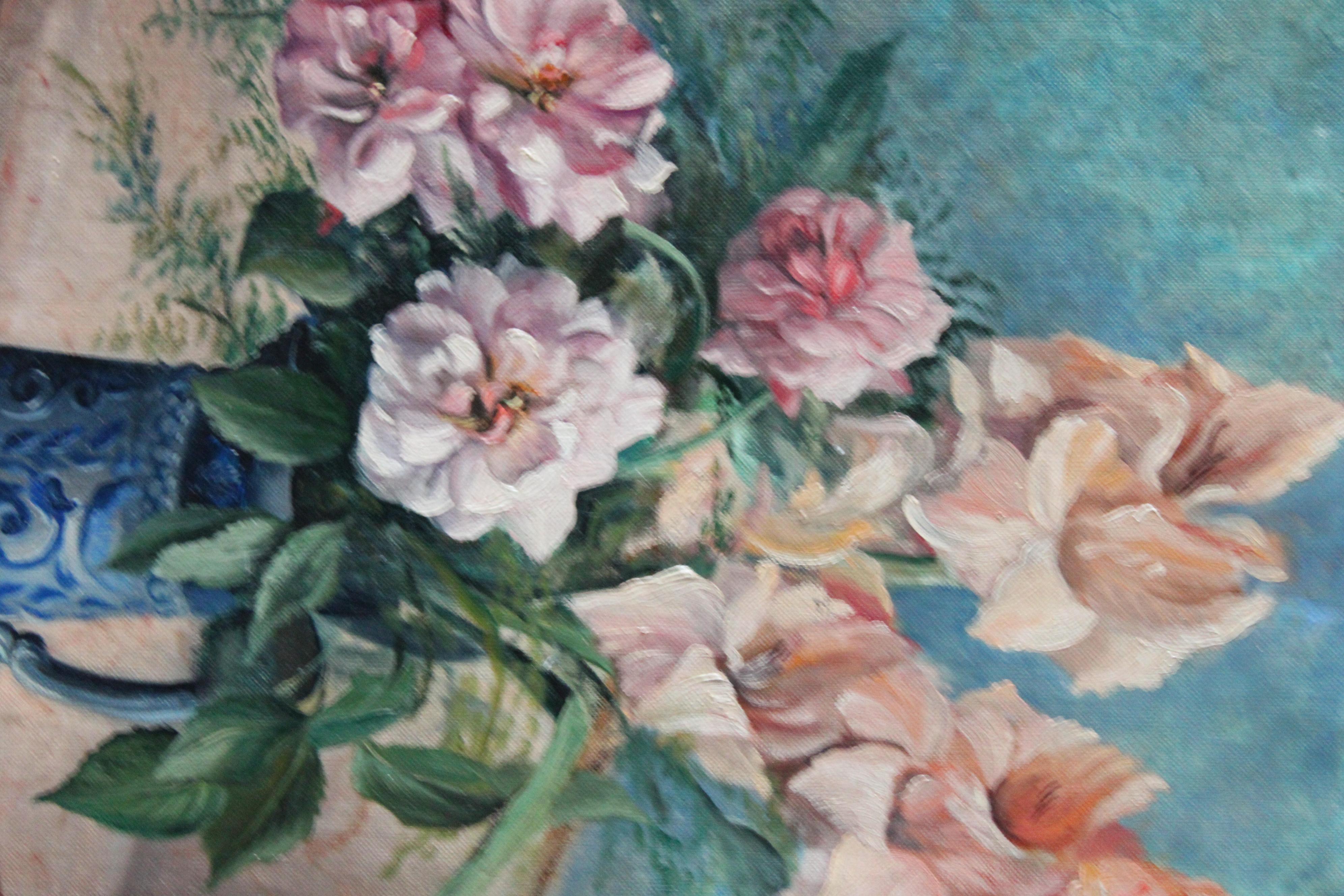 Vintage still life oil painting, floral interior painting, pink flower bouquet 6