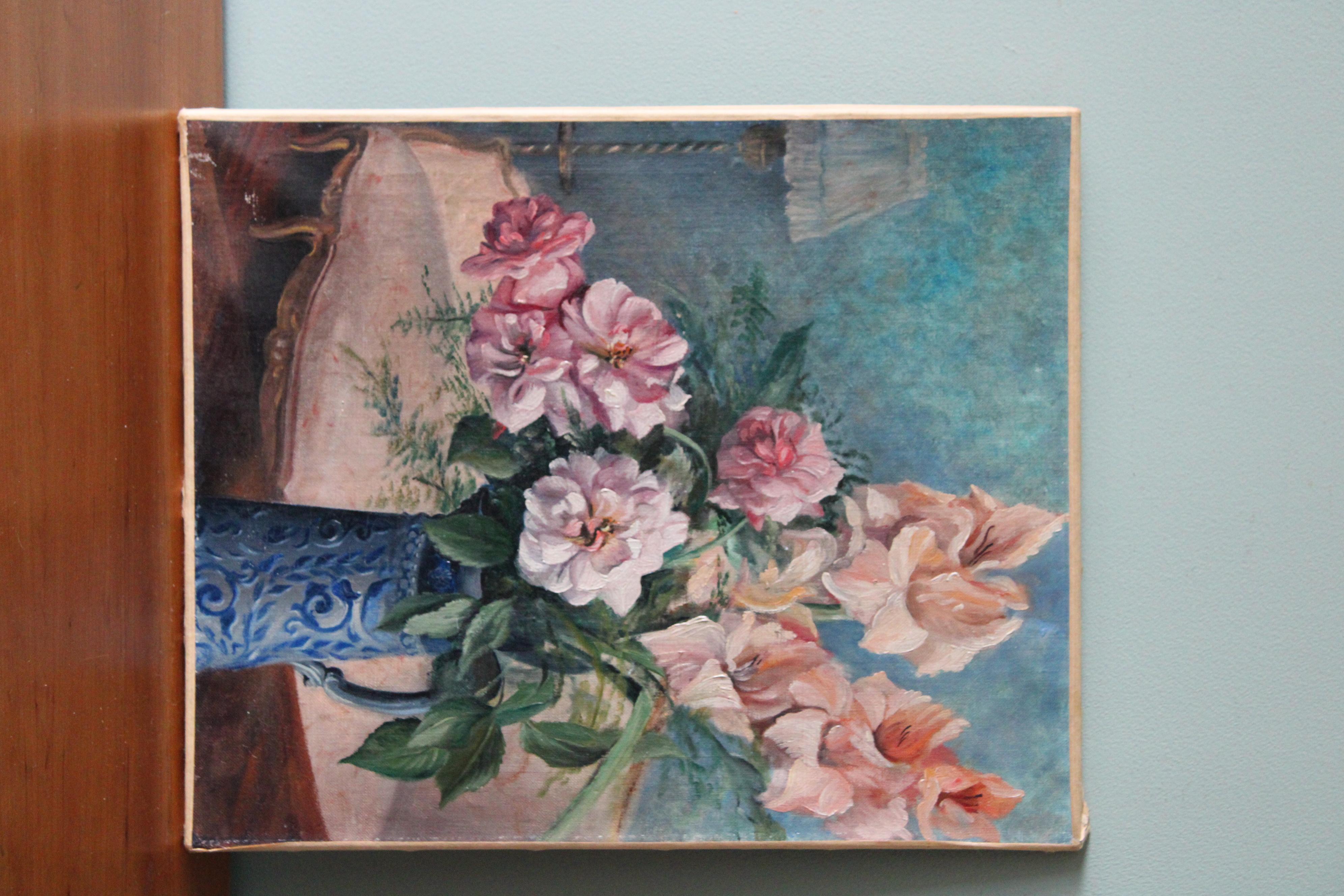 Vintage still life oil painting, floral interior painting, pink flower bouquet - Painting by Unknown