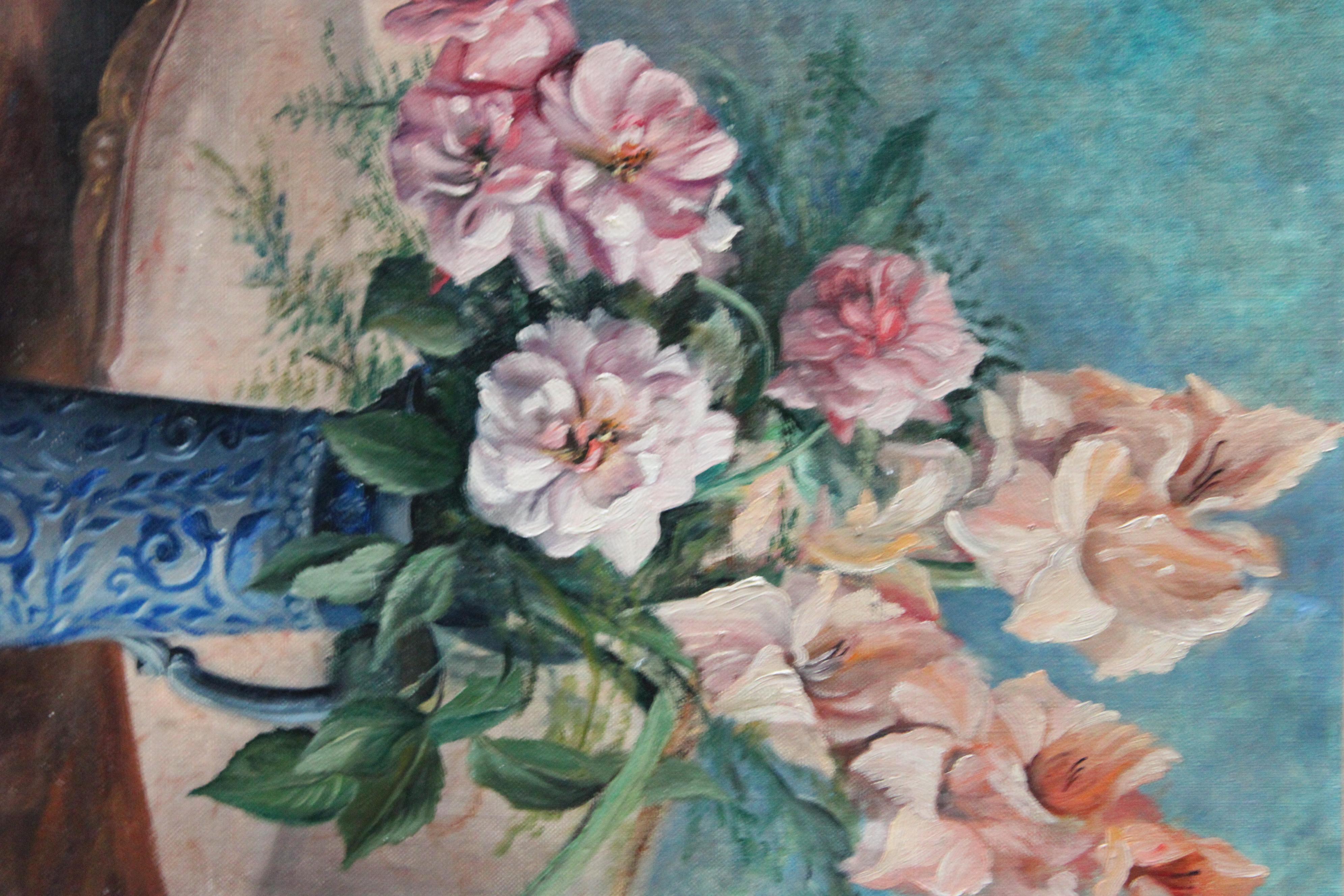 Vintage still life oil painting, floral interior painting, pink flower bouquet - French School Painting by Unknown