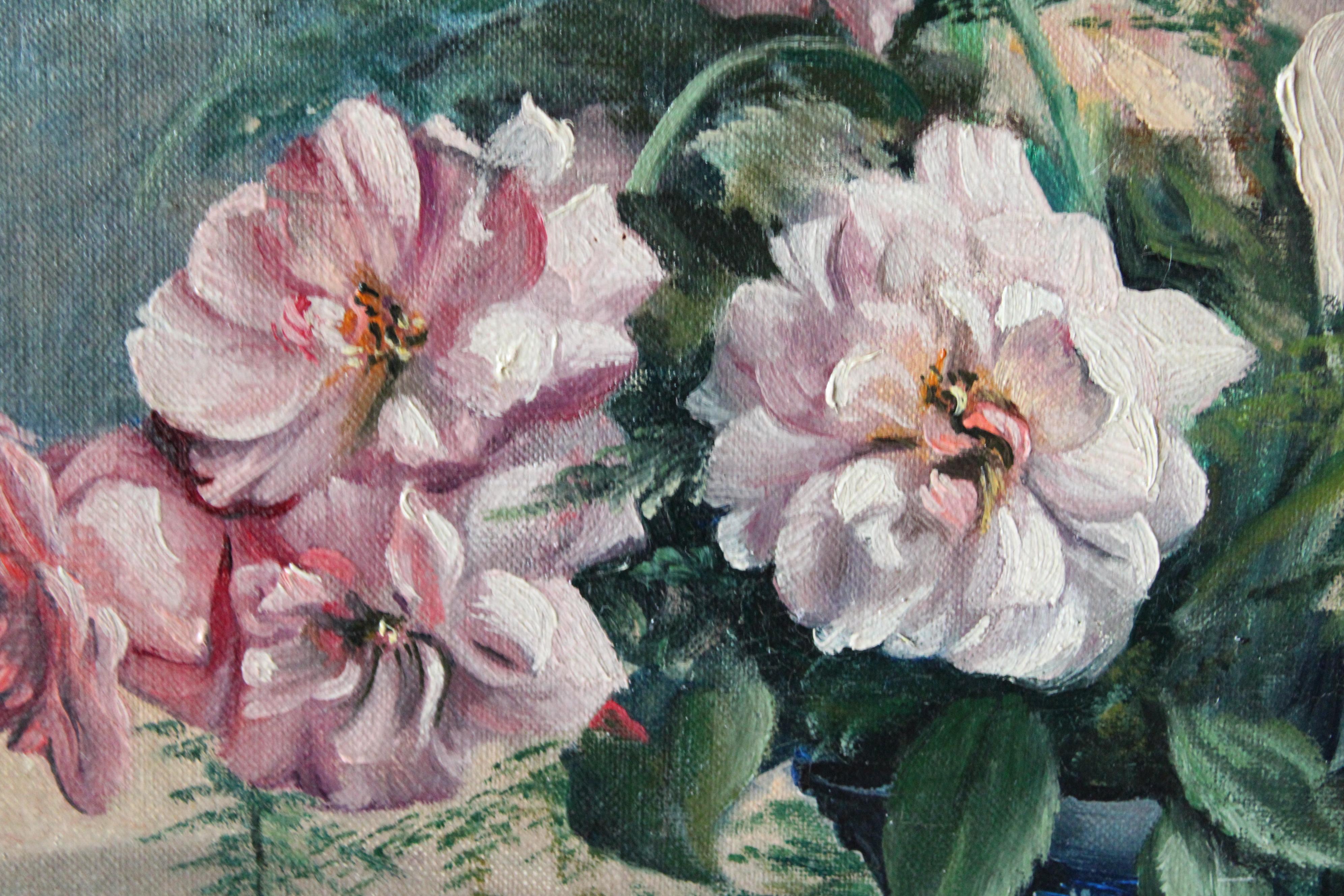 Vintage still life oil painting, floral interior painting, pink flower bouquet - Gray Still-Life Painting by Unknown