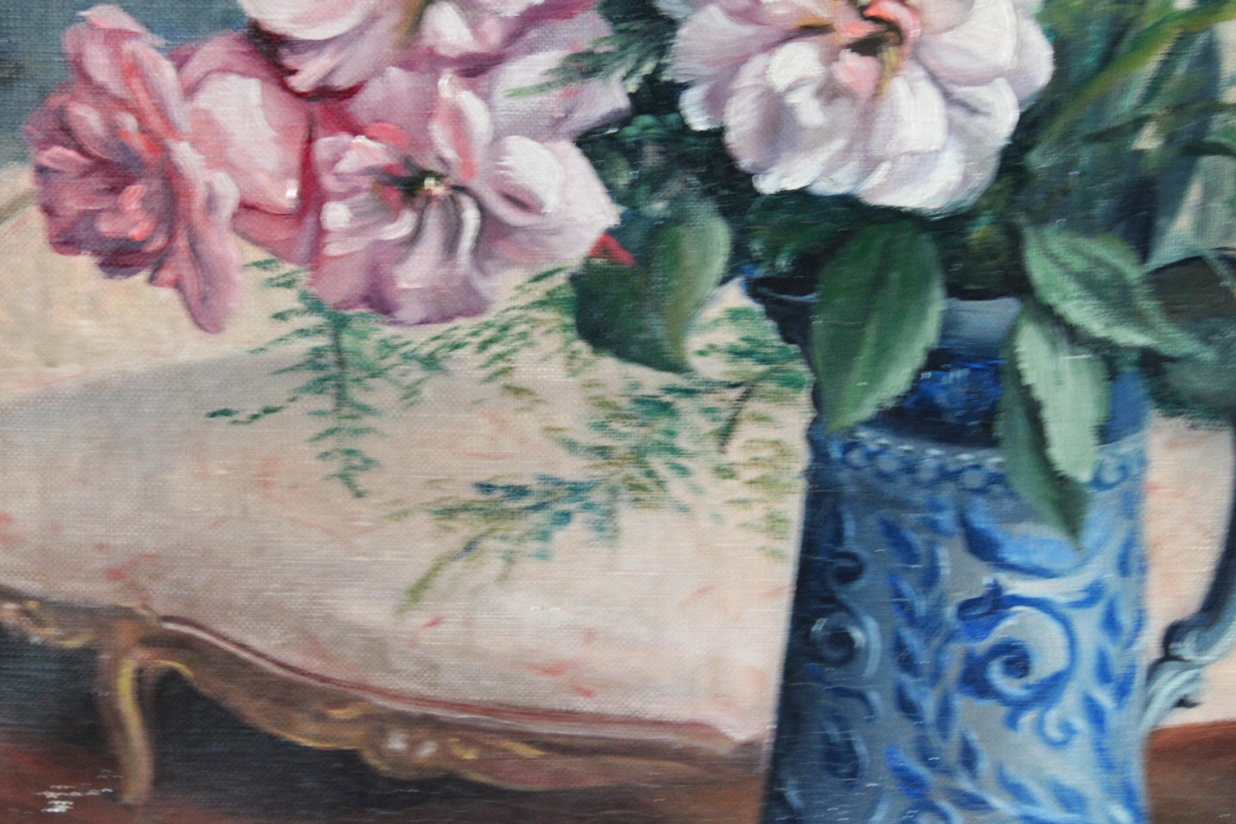Vintage still life oil painting, floral interior painting, pink flower bouquet 1
