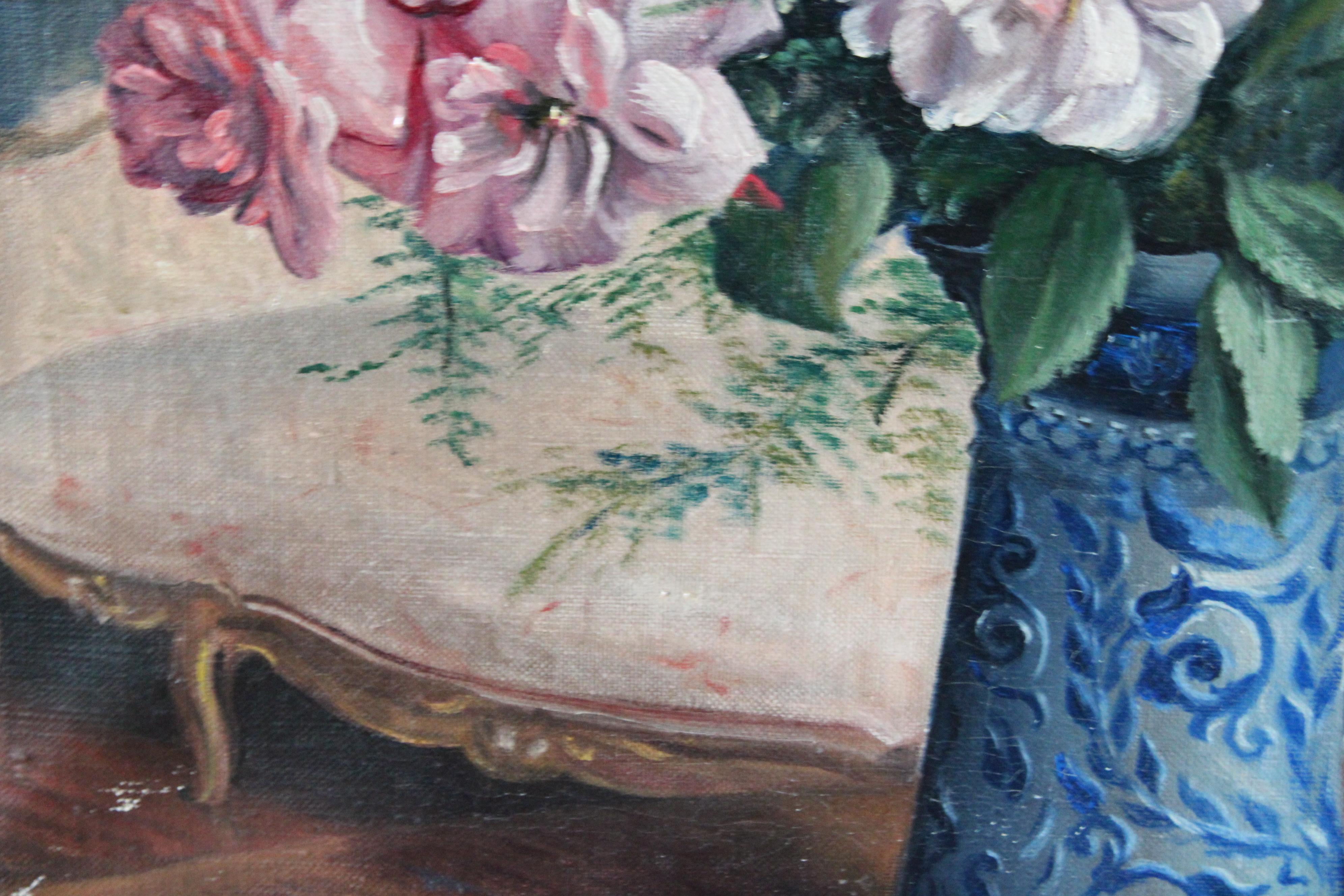 Vintage still life oil painting, floral interior painting, pink flower bouquet 2