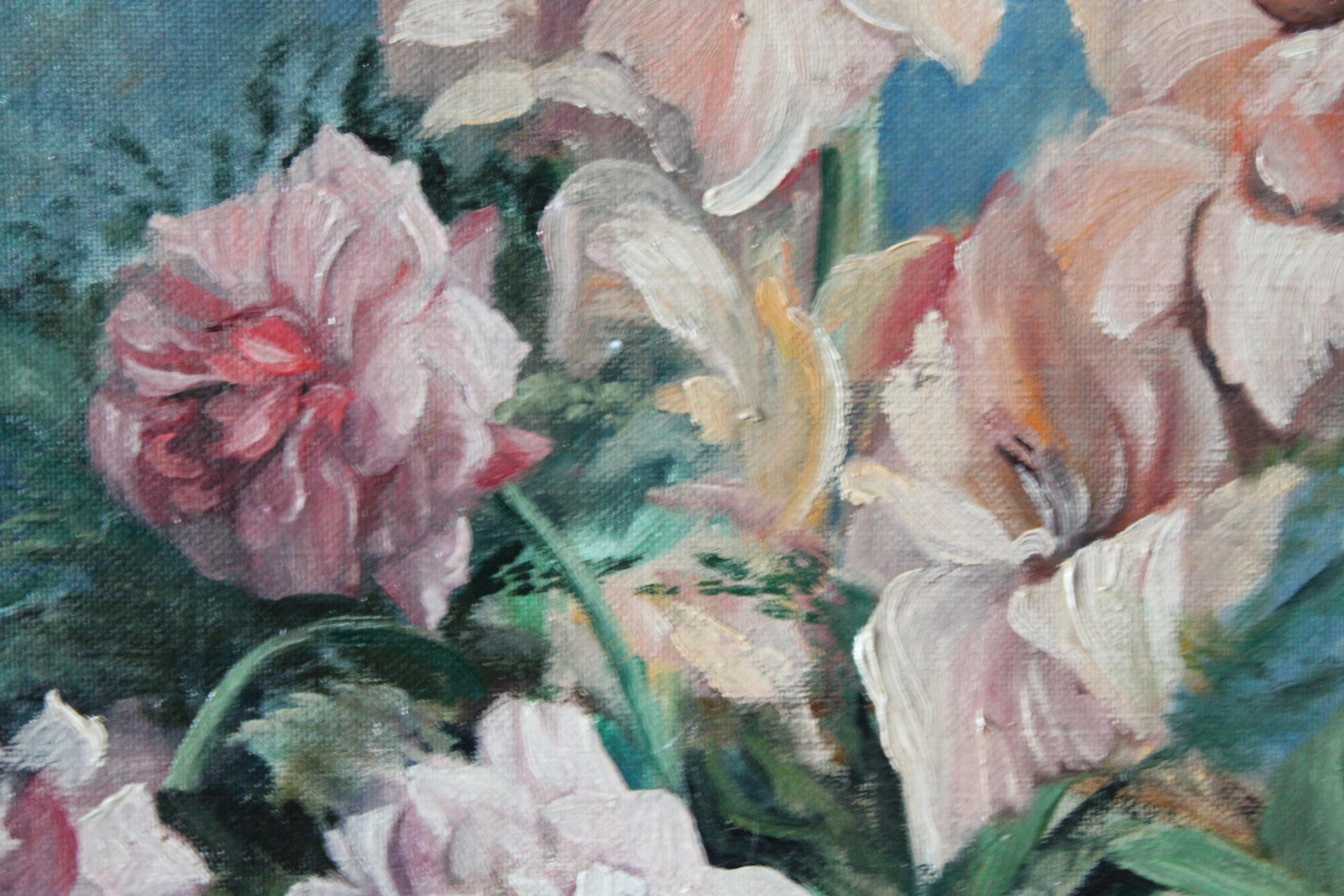 Vintage still life oil painting, floral interior painting, pink flower bouquet 4