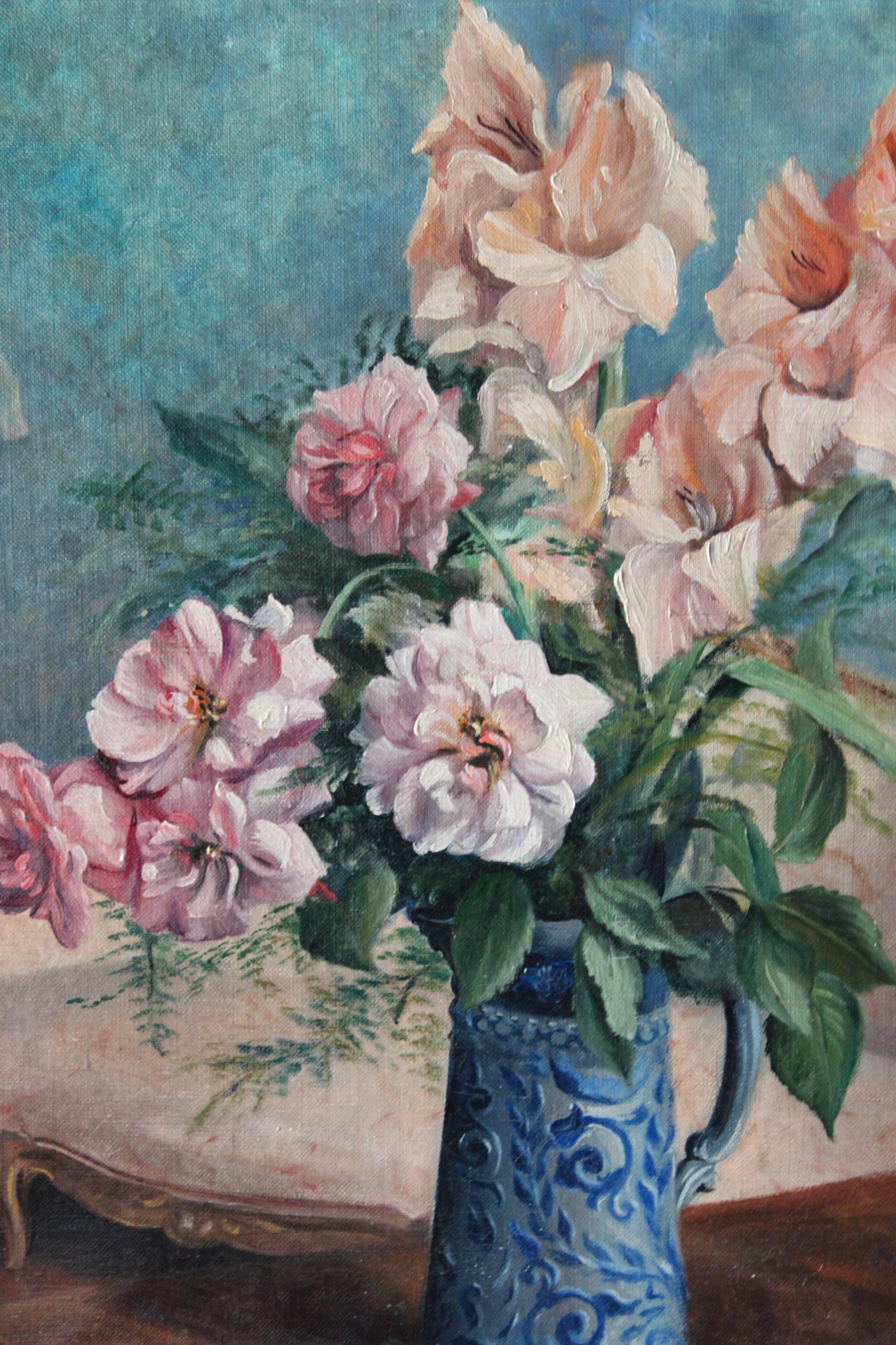 Unknown Still-Life Painting - Vintage still life oil painting, floral interior painting, pink flower bouquet