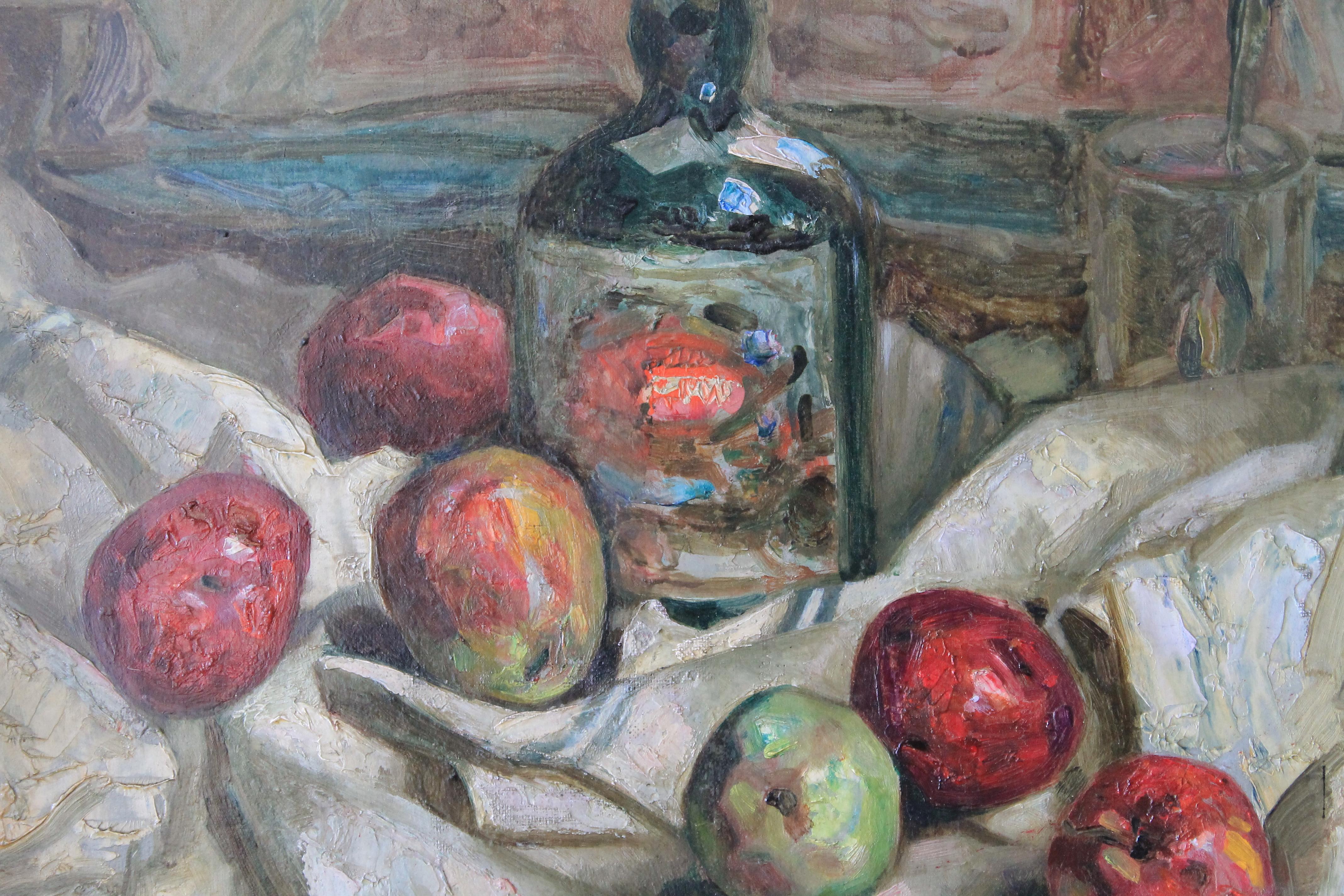 Vintage Still Life oil painting, French Still Life of Grand Marnier and apples - Painting by Unknown