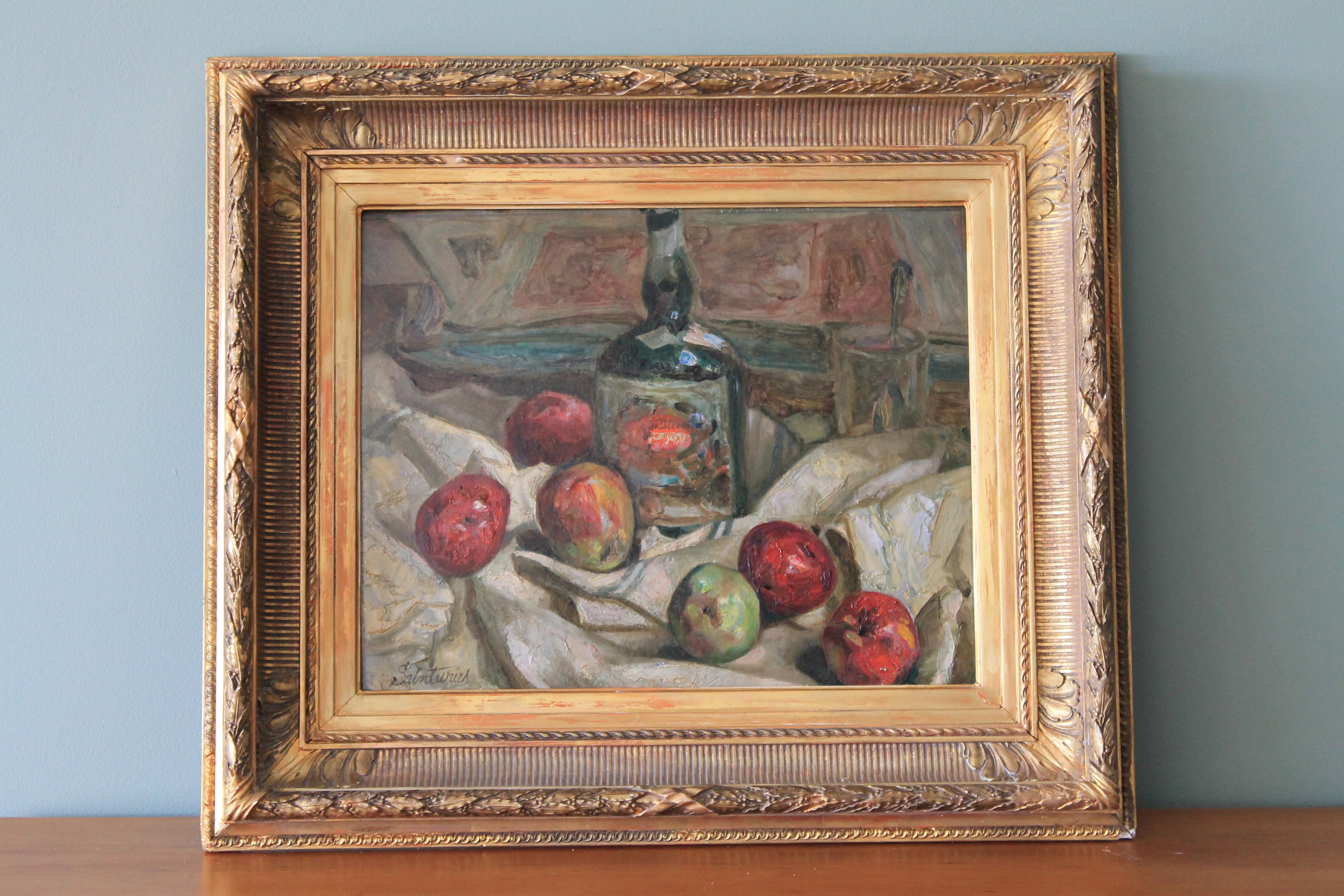Vintage Still Life oil painting, French Still Life of Grand Marnier and apples - French School Painting by Unknown