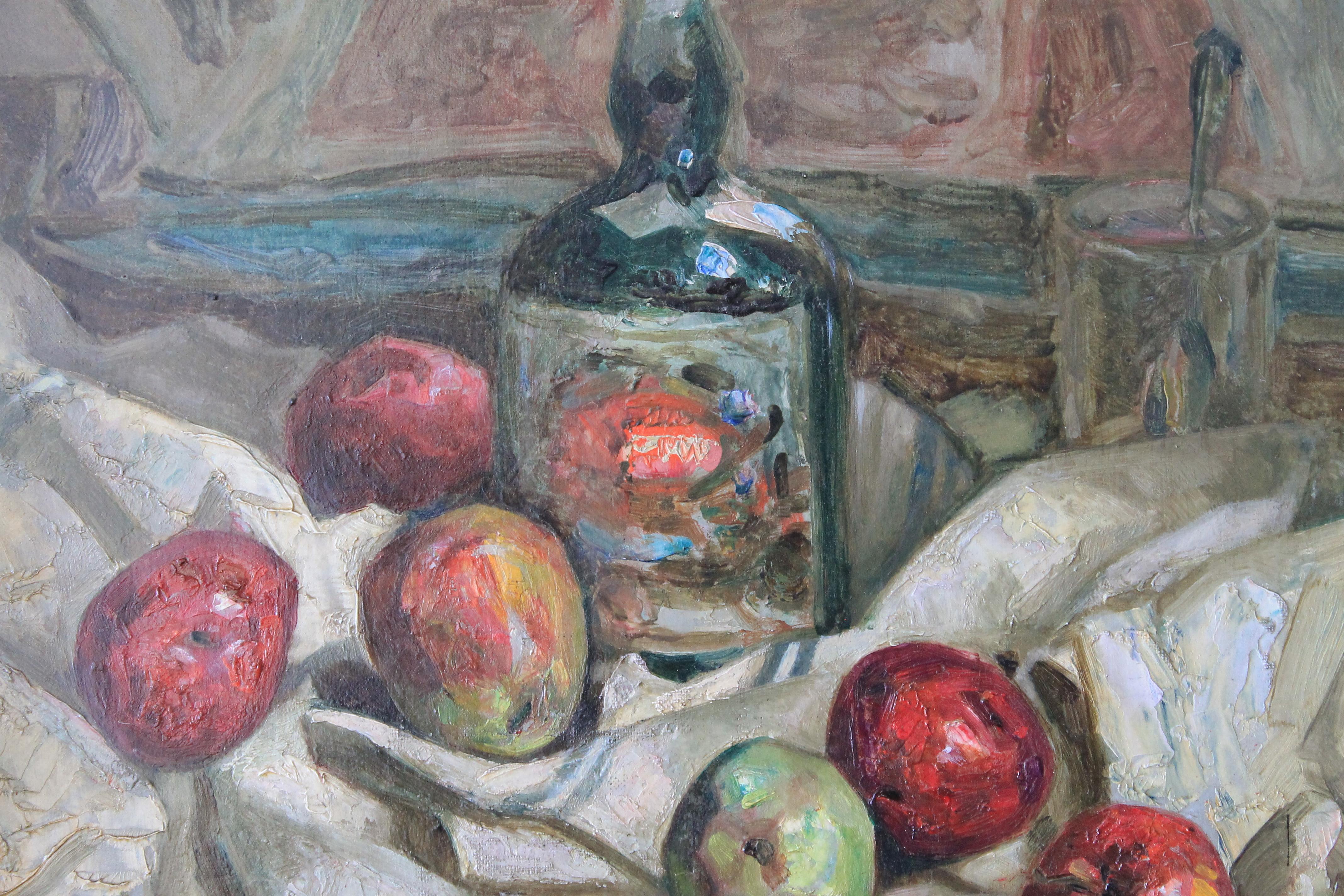 Vintage Still Life oil painting, French Still Life of Grand Marnier and apples - Brown Still-Life Painting by Unknown