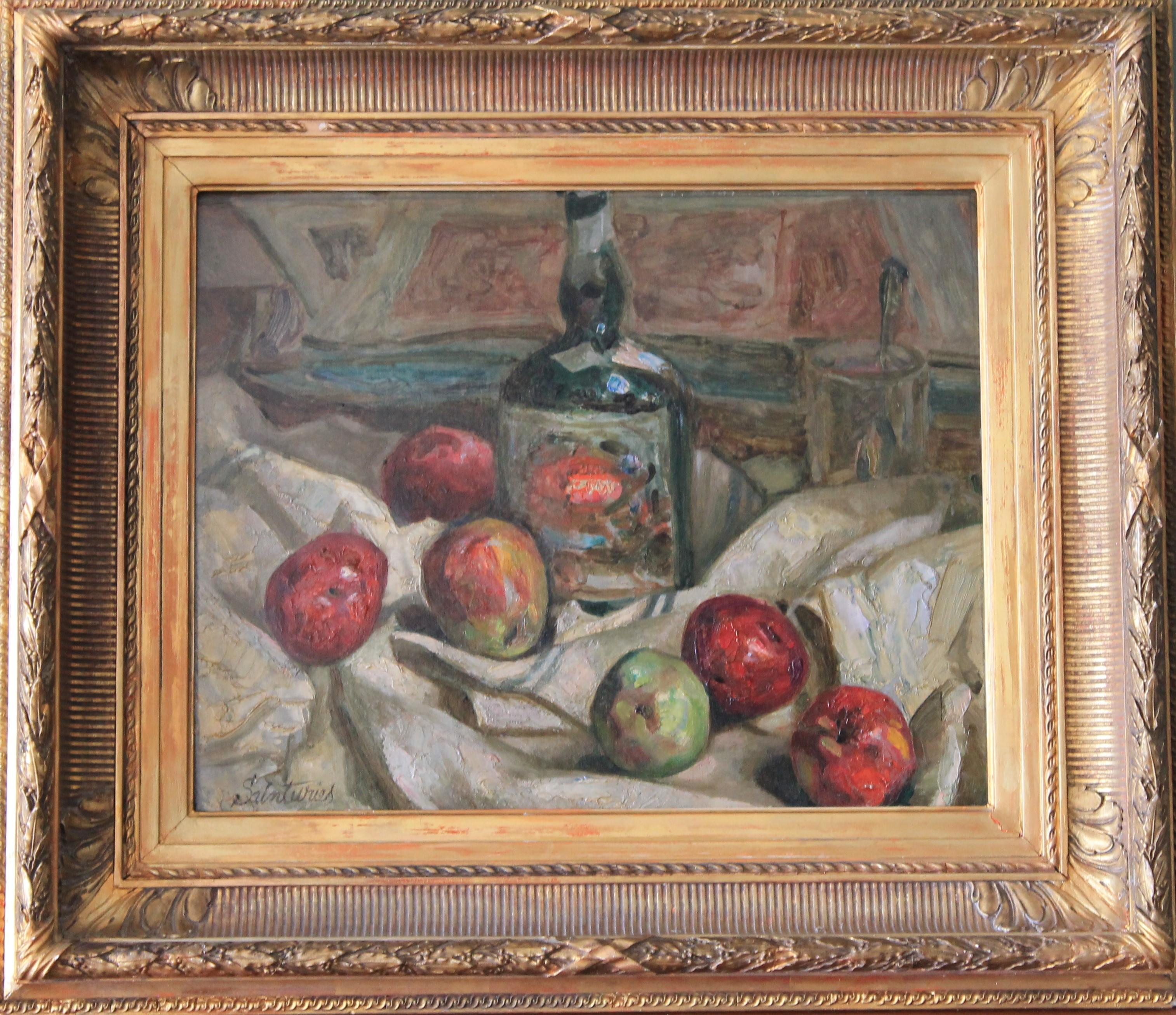 Unknown Still-Life Painting - Vintage Still Life oil painting, French Still Life of Grand Marnier and apples