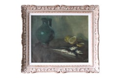 Vintage Still Life oil painting of herrings and lemons framed mid century art Vintage Still Life oil painting of herrings and lemons framed mid century art