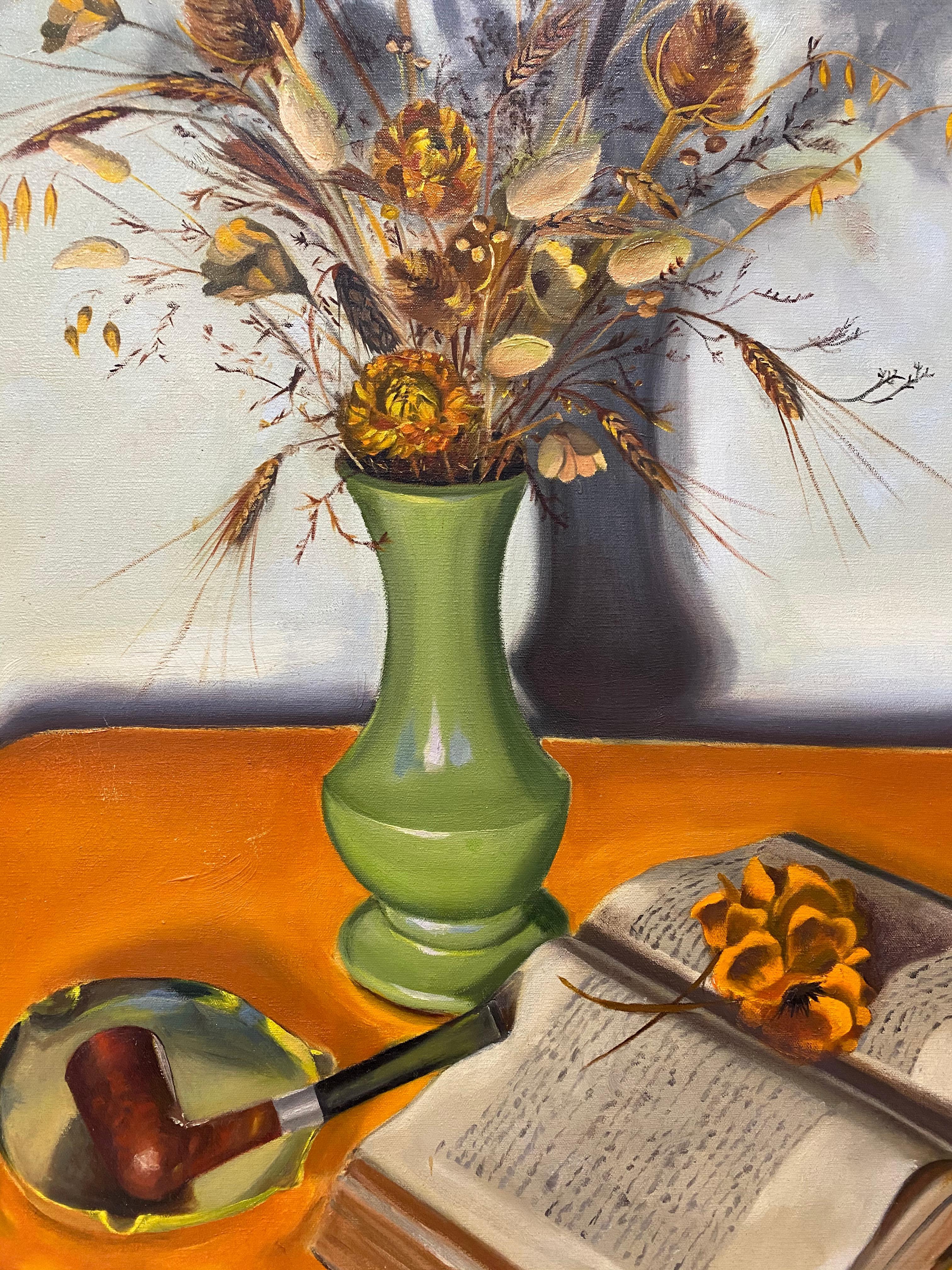 Vintage Still Life Oil Painting With Dried Flowers in a Green Vase by J. Viola C For Sale 3