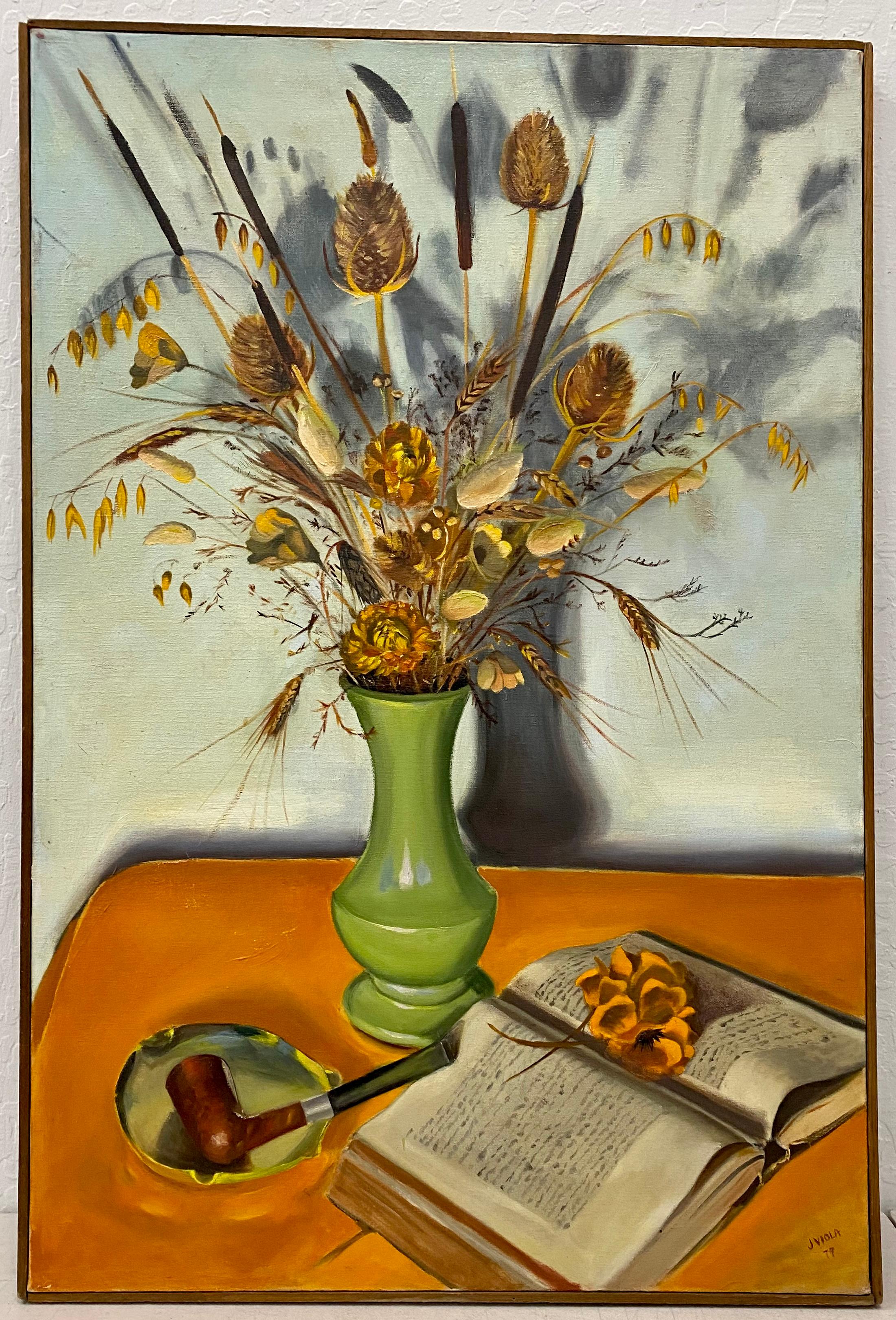 Unknown Still-Life Painting - Vintage Still Life Oil Painting With Dried Flowers in a Green Vase by J. Viola C