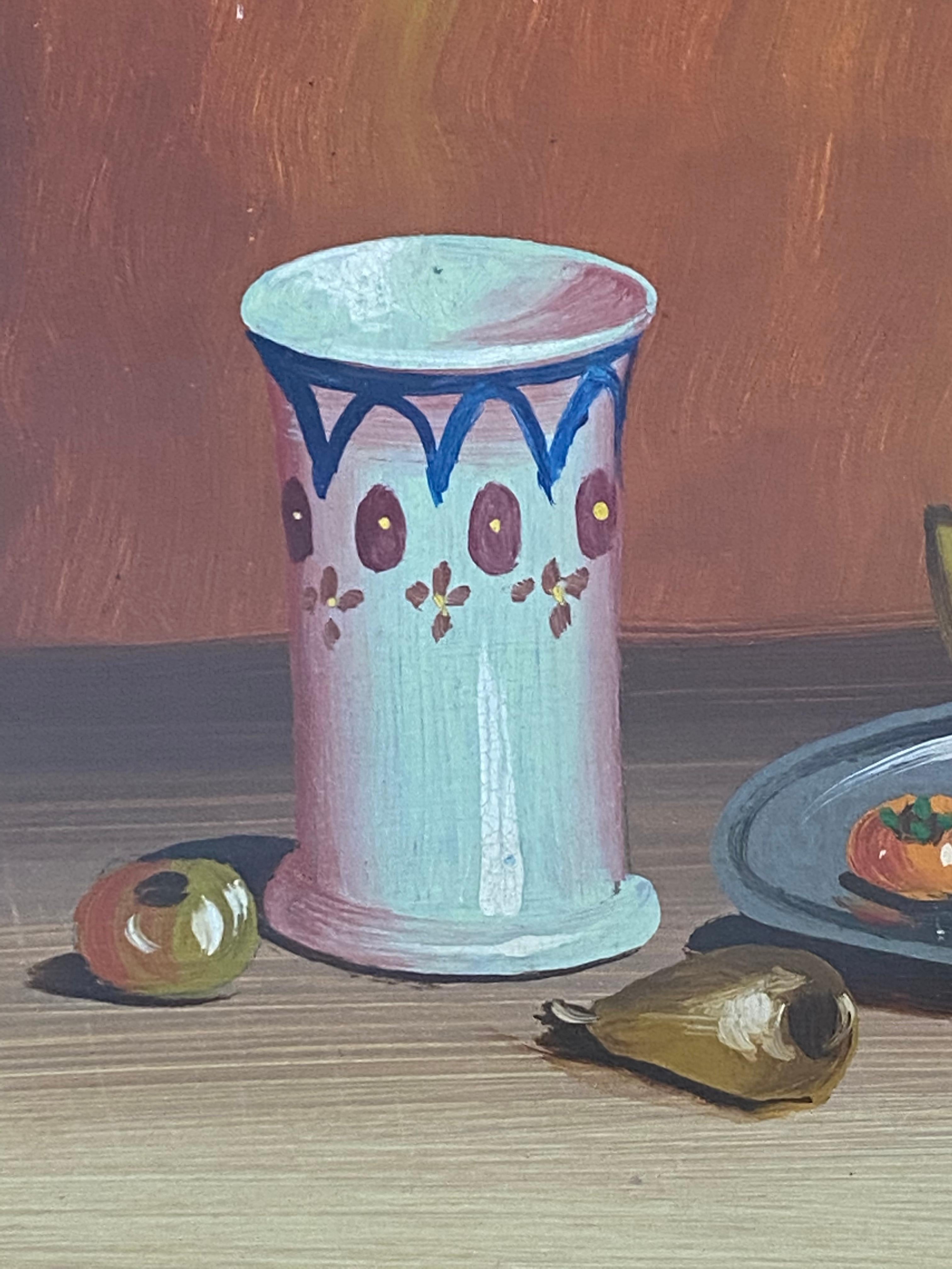 Vintage Still Life Painting with Fruit and Porcelain Cup c.1970 For Sale 1