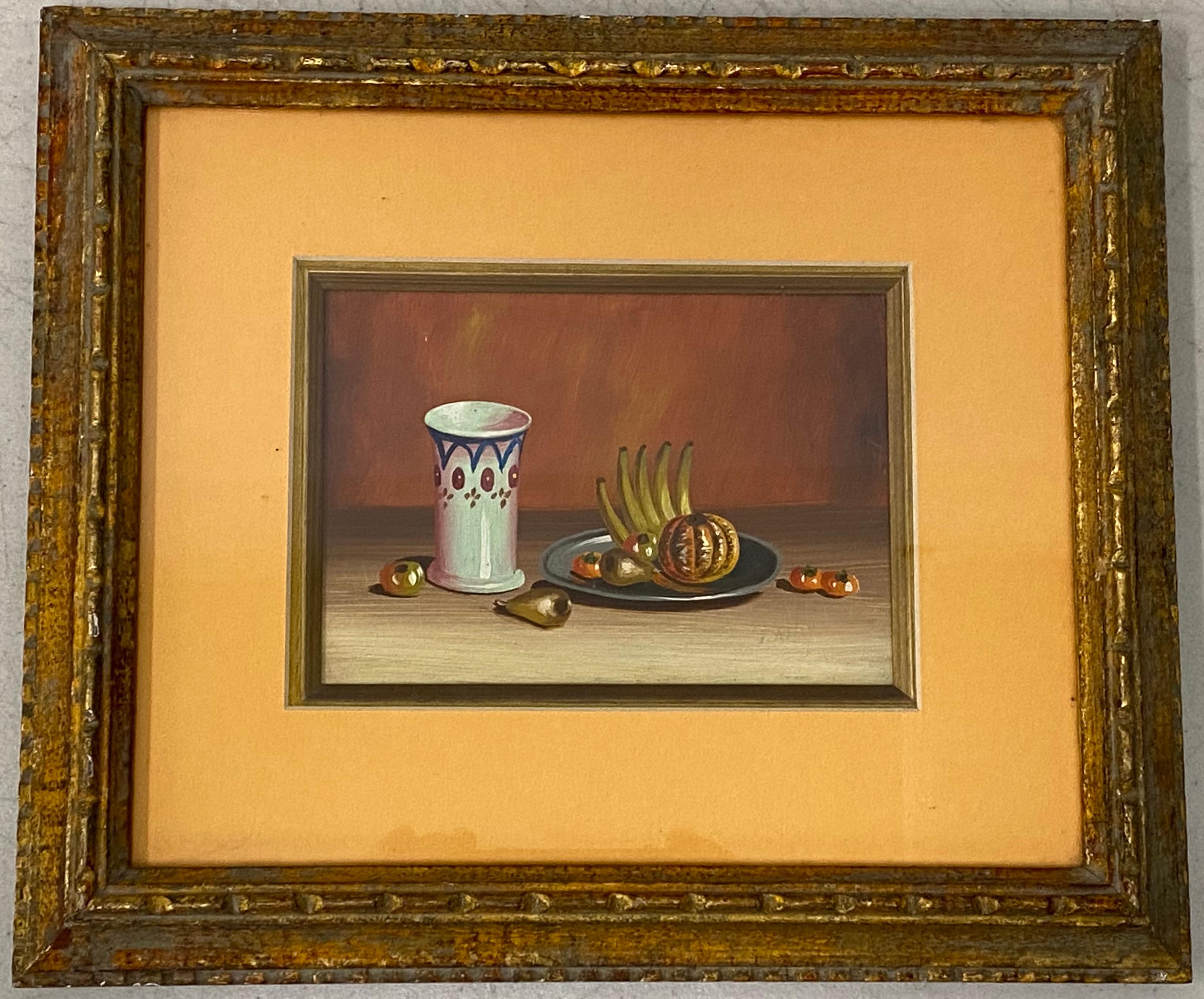 Vintage Still Life Painting with Fruit and Porcelain Cup c.1970