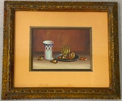 Pittura vintage di natura morta con frutta e tazza di porcellana, 1970 ca.