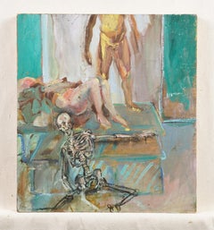 Vintage Surreal Modernist Nude Erotic Macabre Skeleton Original Oil Painting