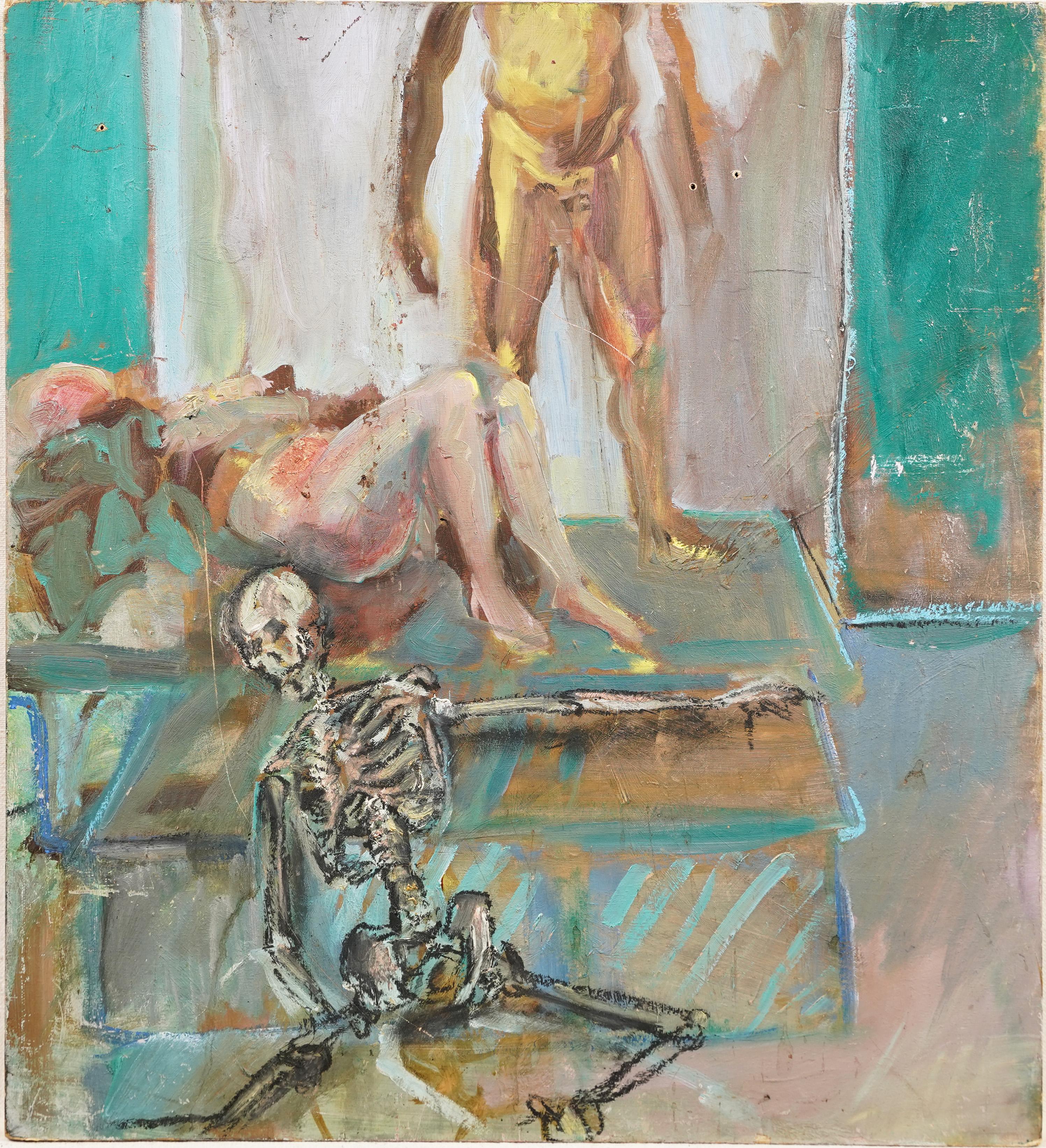 Vintage Surreal Modernist Nude Erotic Macabre Skeleton Original Oil Painting For Sale 1