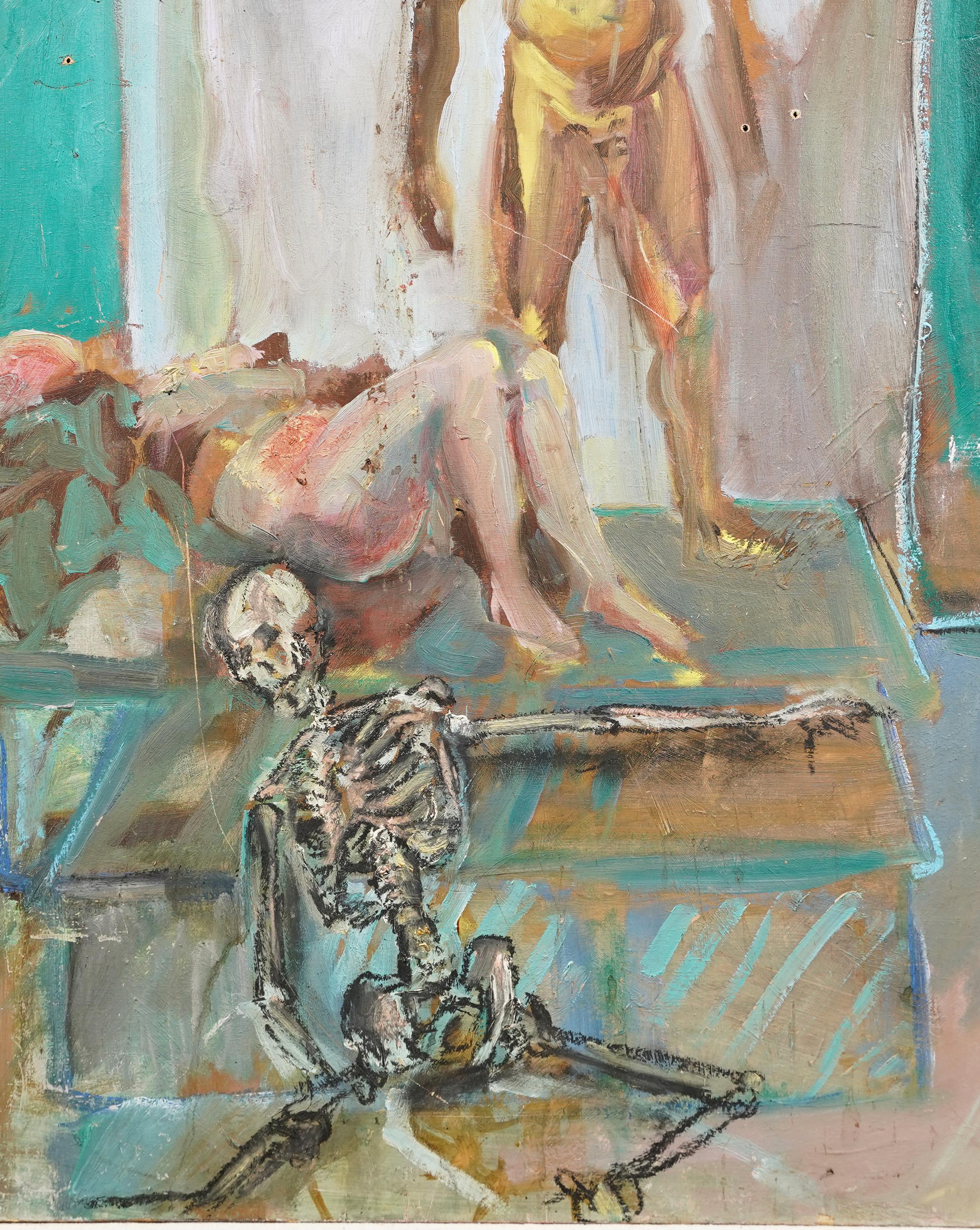 Vintage Surreal Modernist Nude Erotic Macabre Skeleton Original Oil Painting For Sale 2