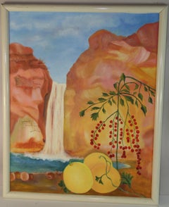Vintage Surreal Oil Painting of Waterfall with Flowers and Fruit , 26x32 Inches