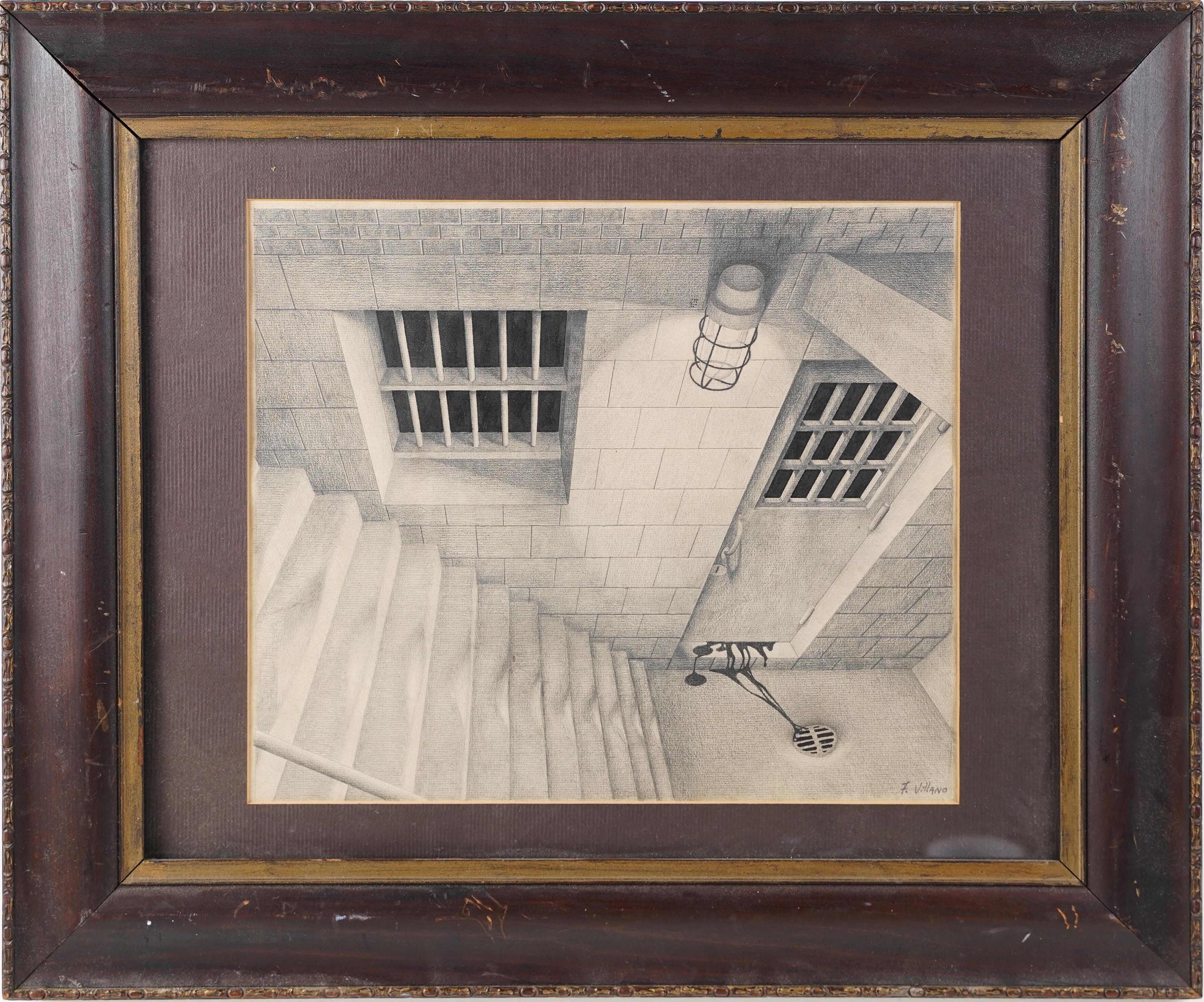 Unknown Landscape Painting - Vintage Surreal Prison Murder Macabre Original Drawing