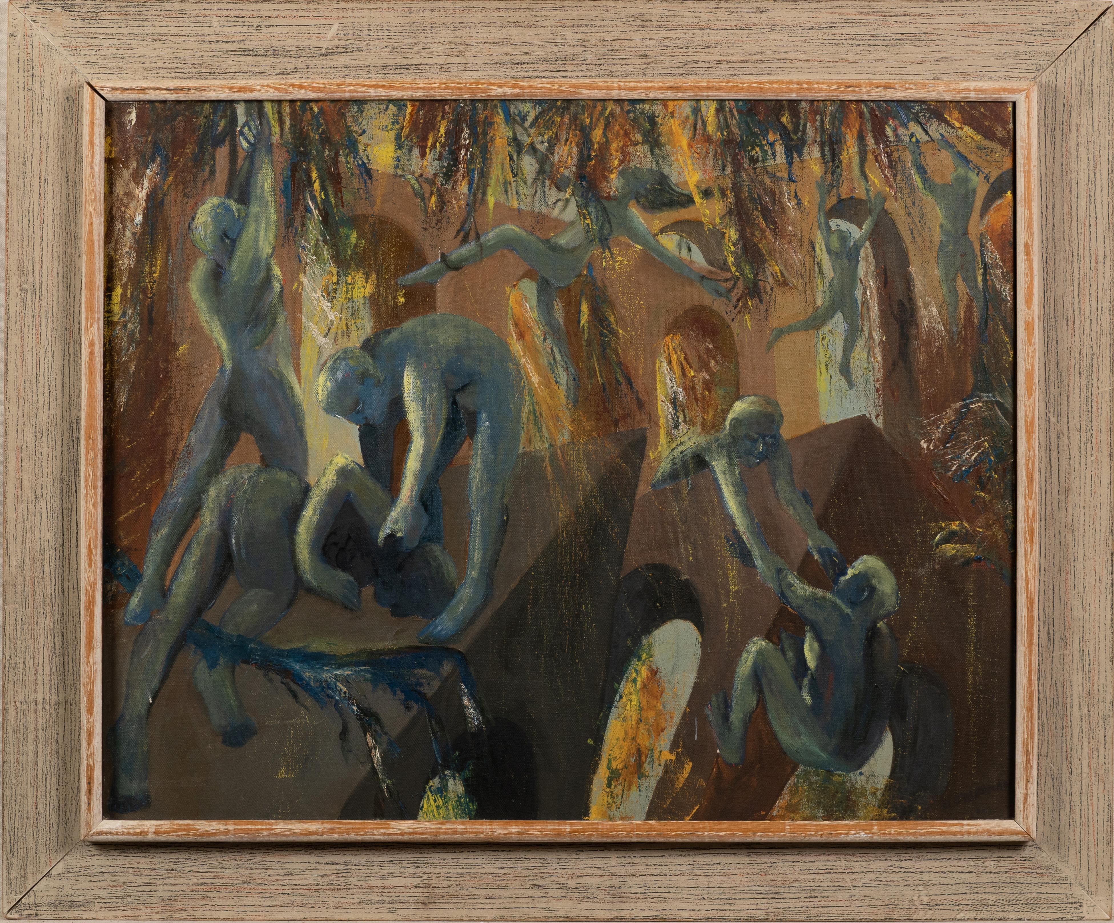 Ancienne peinture à l'huile moderniste américaine abstraite de paysage nu.  Huile sur toile.  Encadré.   Signé de manière illisible.