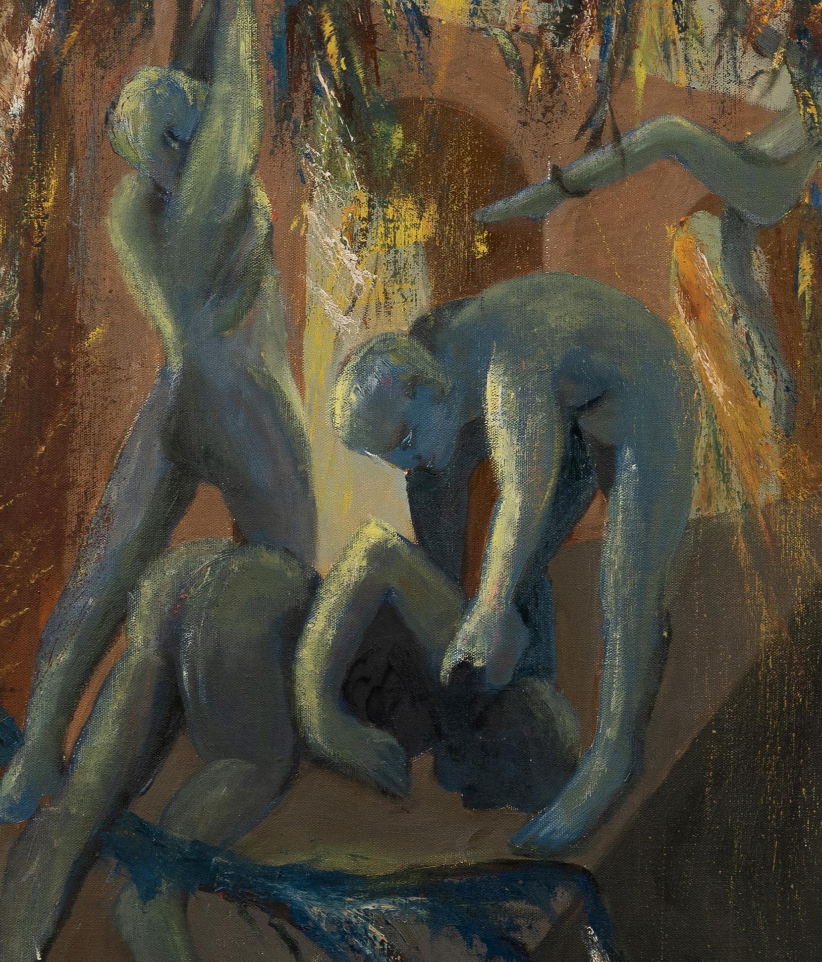 Vintage Surreal Signed Nude Figures Framed Original Modernist Oil Painting For Sale 3