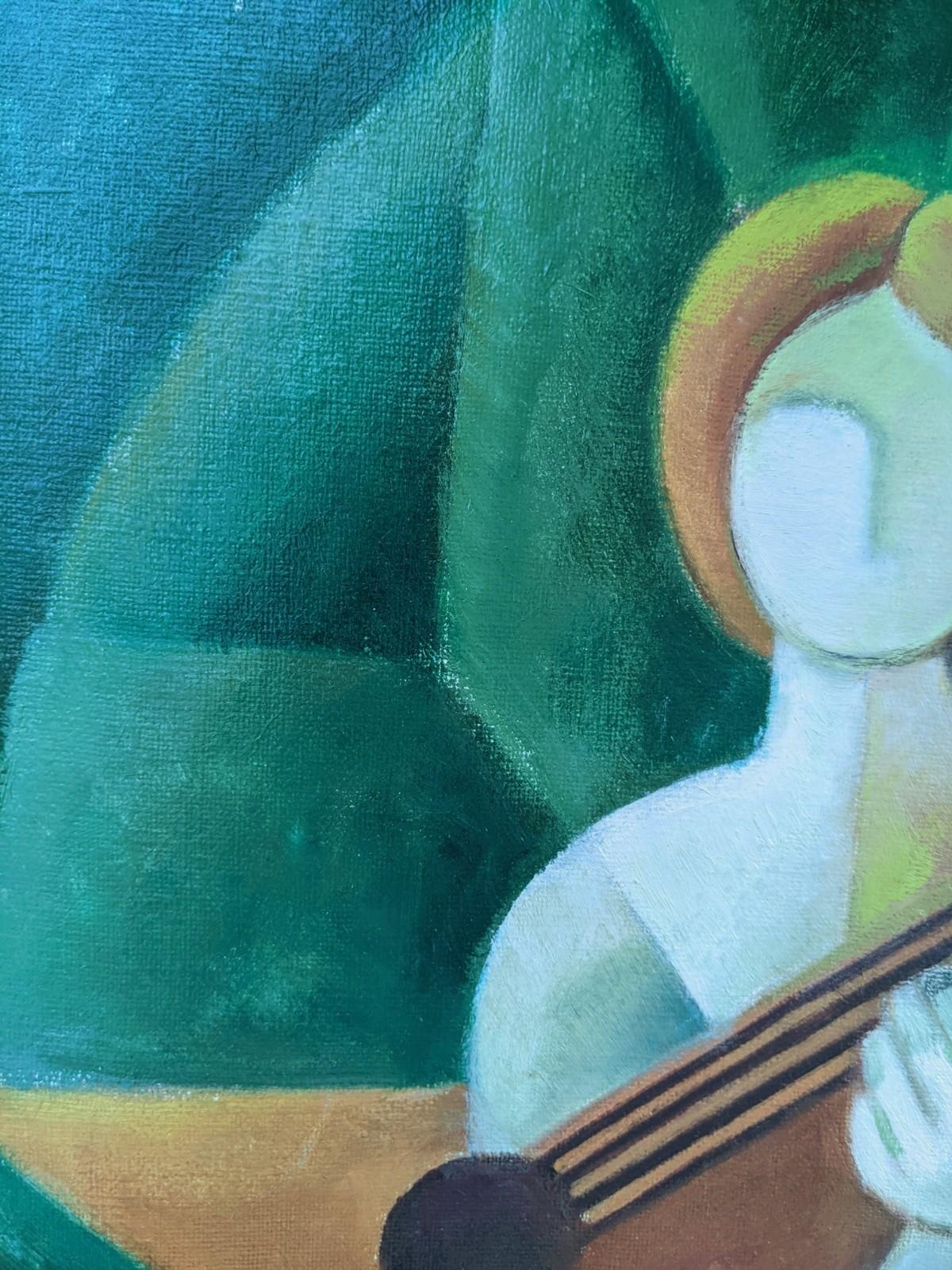 Vintage Swedish Cubist Figurative Framed Oil Painting - The Guitar Player 4