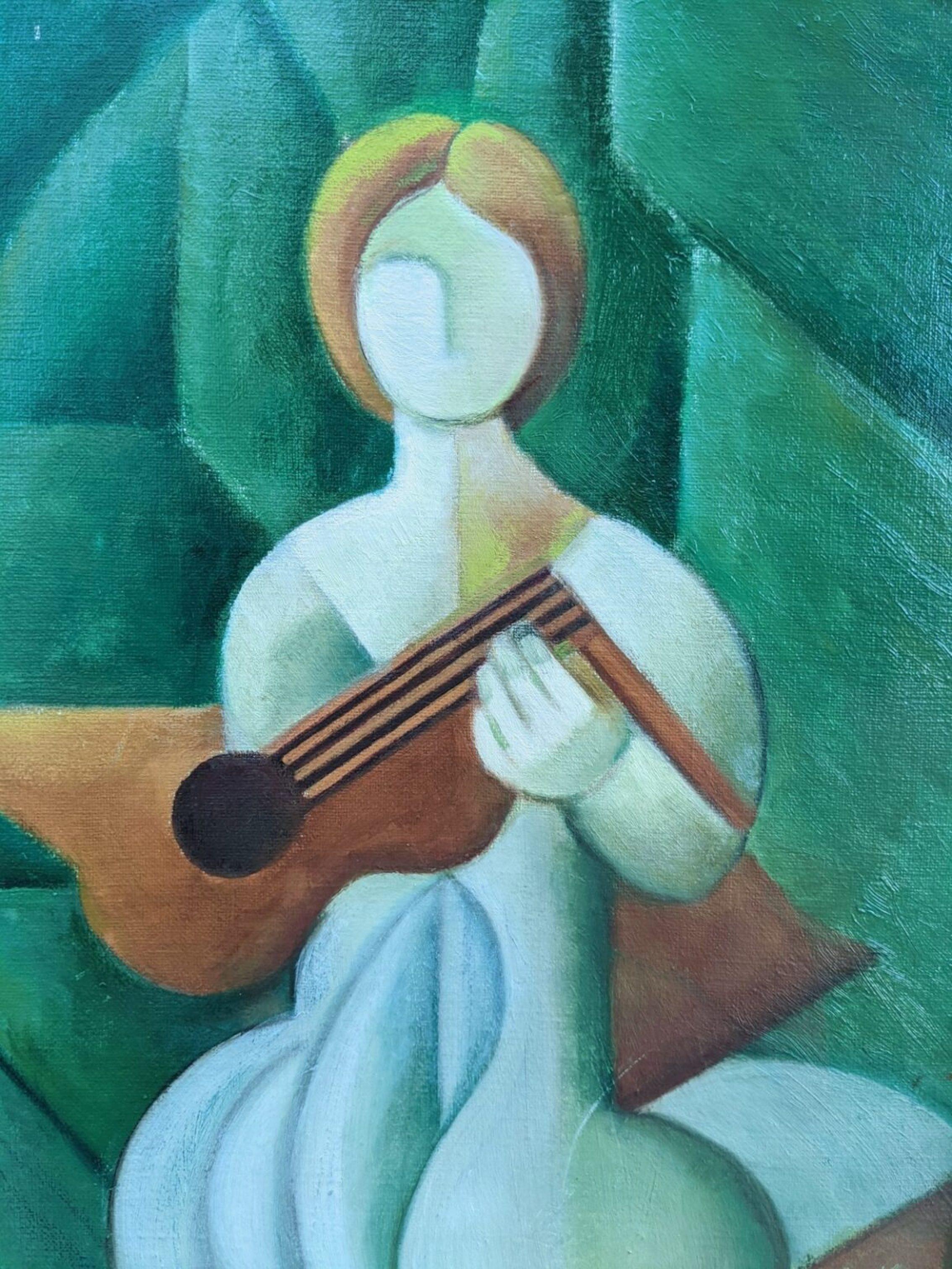 Vintage Swedish Cubist Figurative Framed Oil Painting - The Guitar Player 5