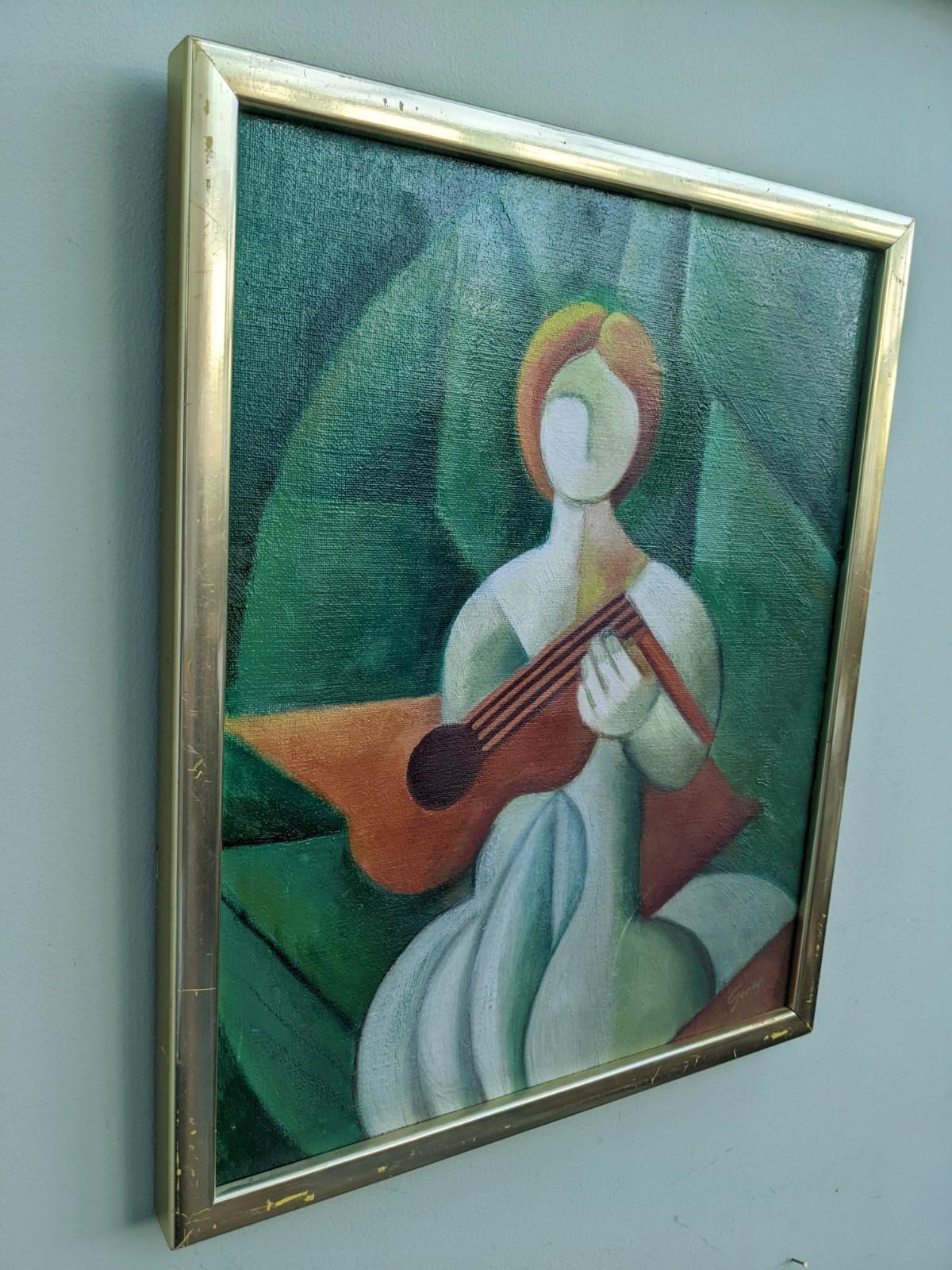 Vintage Swedish Cubist Figurative Framed Oil Painting - The Guitar Player - Gray Figurative Painting by Unknown