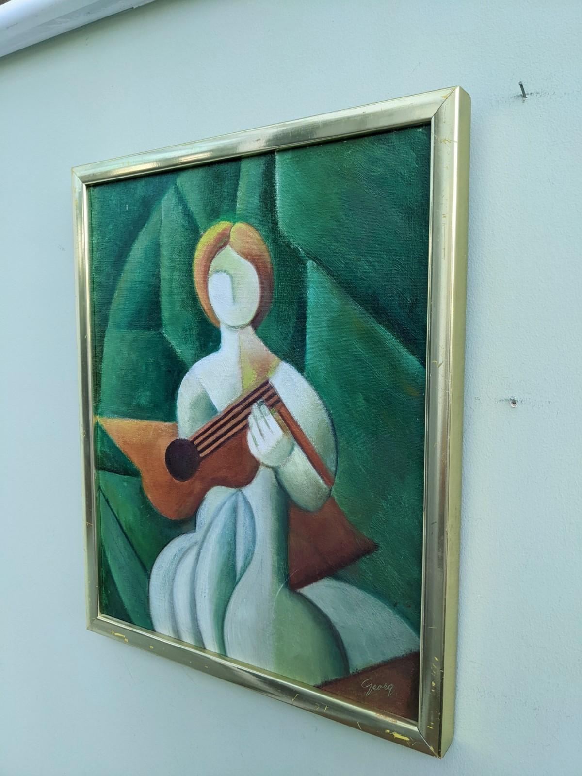 THE GUITAR PLAYER
Size: 44 x 36 cm (including frame)
Oil on Canvas

A very well executed mid century cubist still life, painted in oil onto canvas.

Reminiscent of works by cubist artists such as Pablo Picasso,  this painting has broken the figure