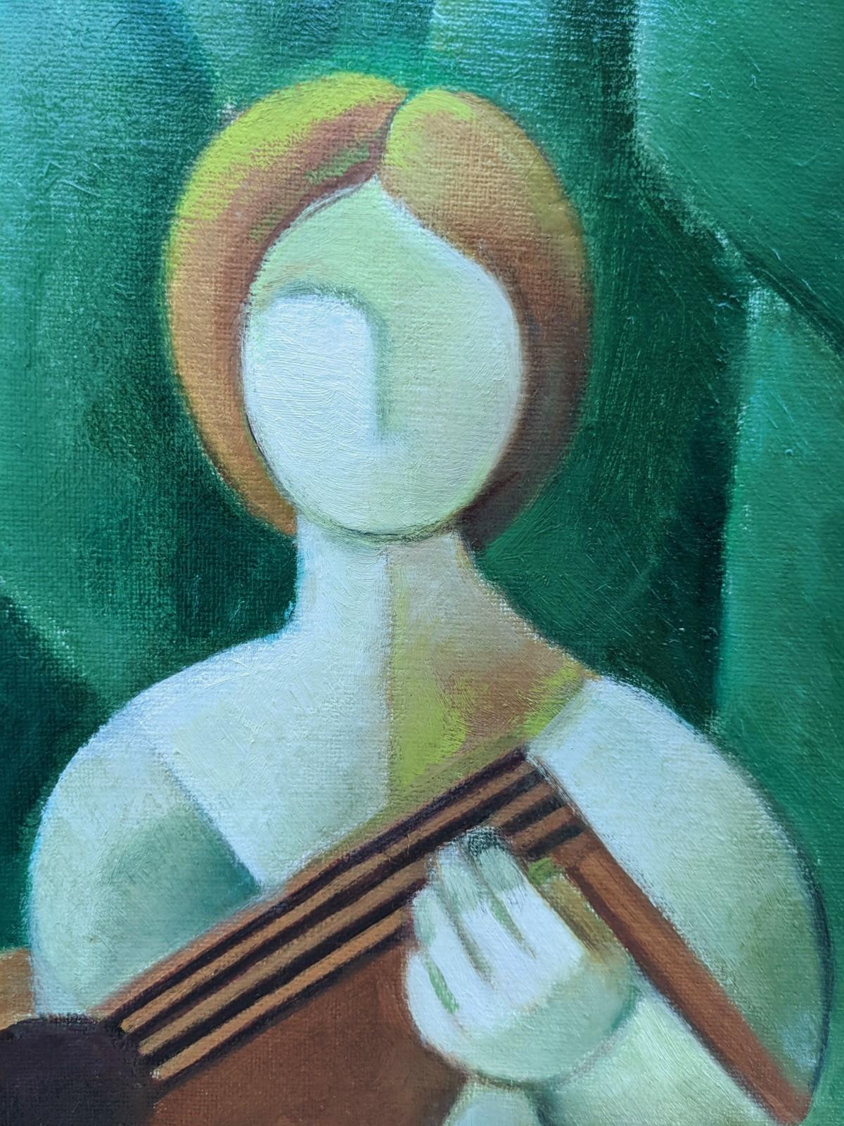 Vintage Swedish Cubist Figurative Framed Oil Painting - The Guitar Player 1