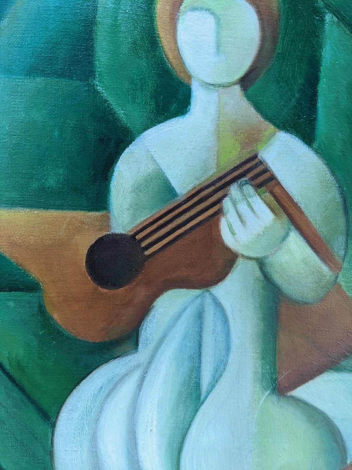 Vintage Swedish Cubist Figurative Framed Oil Painting - The Guitar Player 2