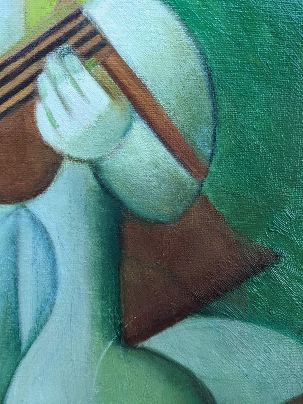 Vintage Swedish Cubist Figurative Framed Oil Painting - The Guitar Player 3