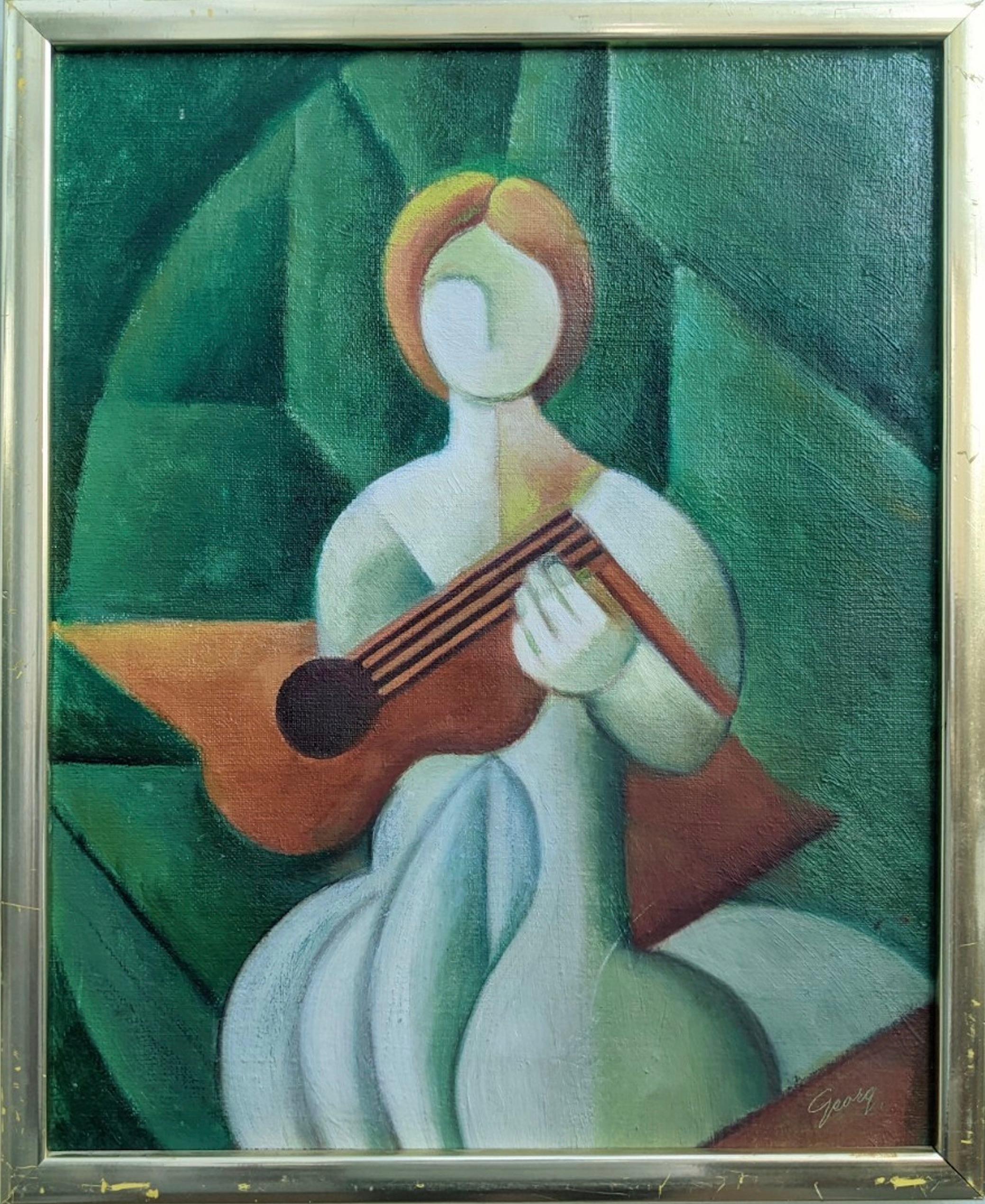 Unknown Figurative Painting - Vintage Swedish Cubist Figurative Framed Oil Painting - The Guitar Player